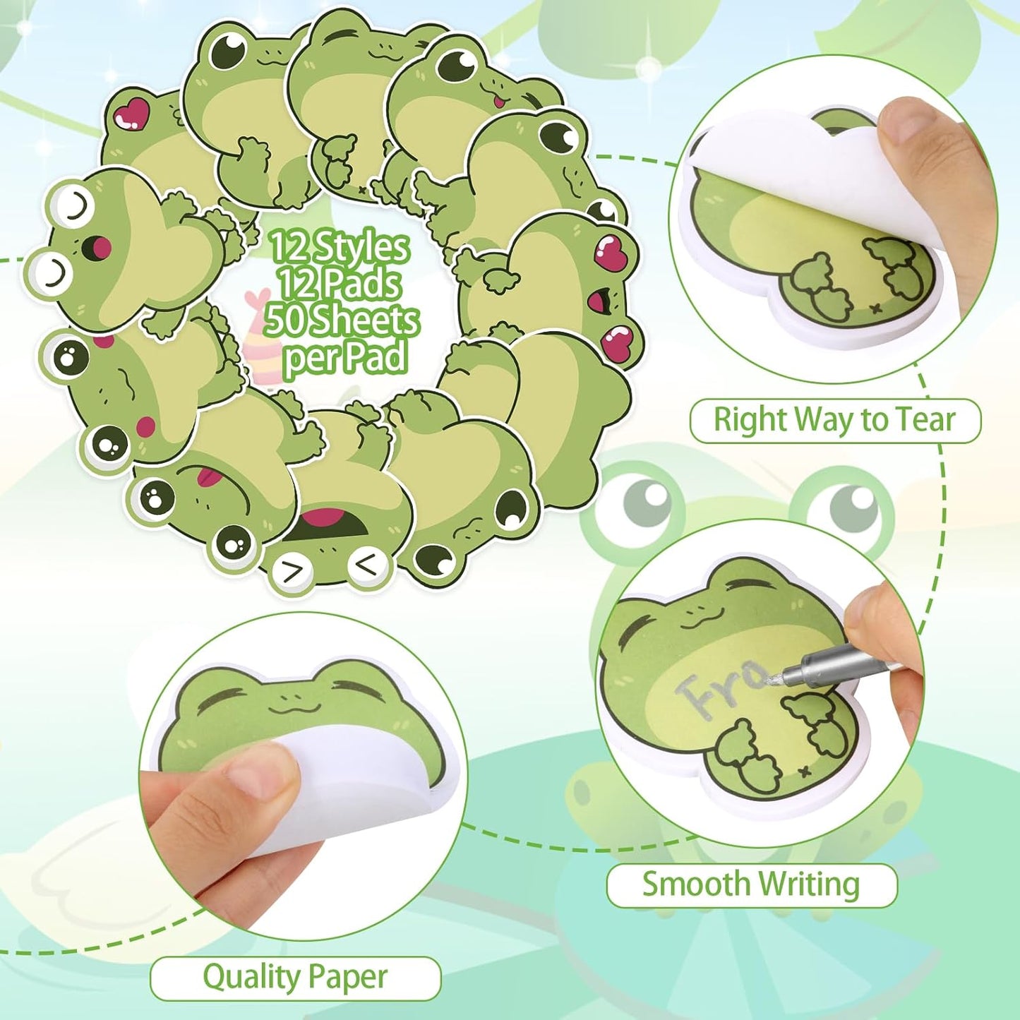 600Pcs Frog Sticky Notes, Cute Cartoon Frog Self-Stick Note Pads Kawaii Frog Theme Sticky Notes Animal Memo Pads Frog Notepad for Frog Lovers Birthday Students Office School Supplies