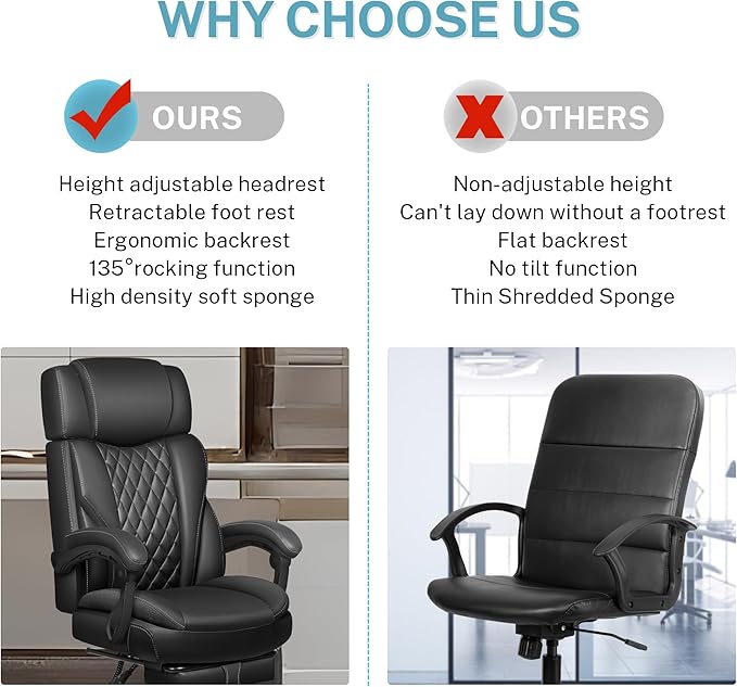 Executive Leather Office Chair, Big and Tall Office Chair with Footrest Home Office Desk Chairs, Ergonomic Computer Desk Chair with Lumbar Support, Reclining Desk Chair with Adjustable Angle
