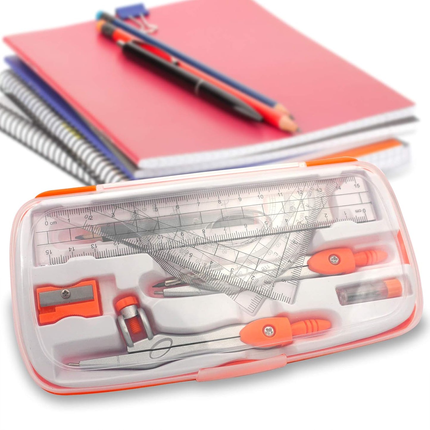 Geometry Compass Set 2 Drafting Compasses with Maths Protractor Set Squares Ruler and More for Students Starters Homework etc. Orange