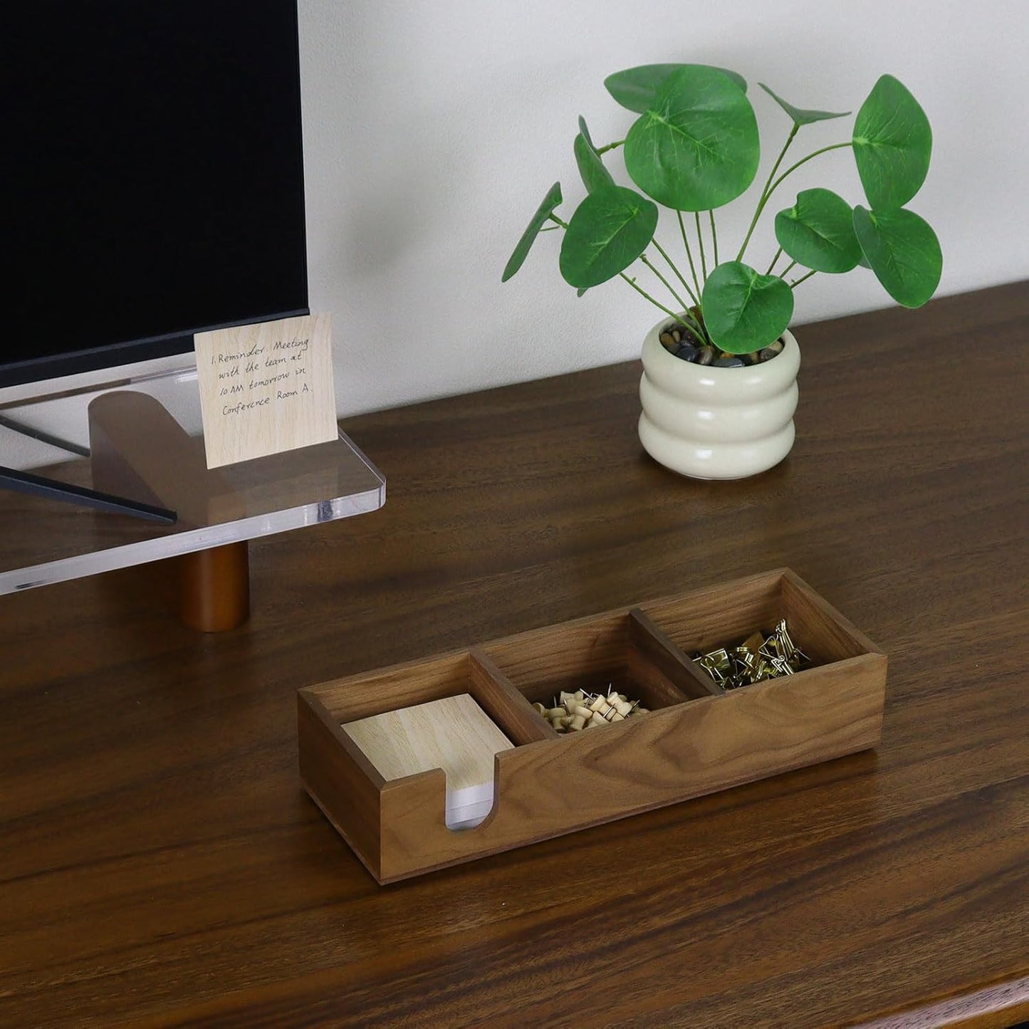 Buqoo 3 in1 Walnut Wooden Sticky Note Holder, 12" x 4.3" x 2.4" Self Stick Note Pads Holder Memo Pad Dispenser for School N Home Office Supplies