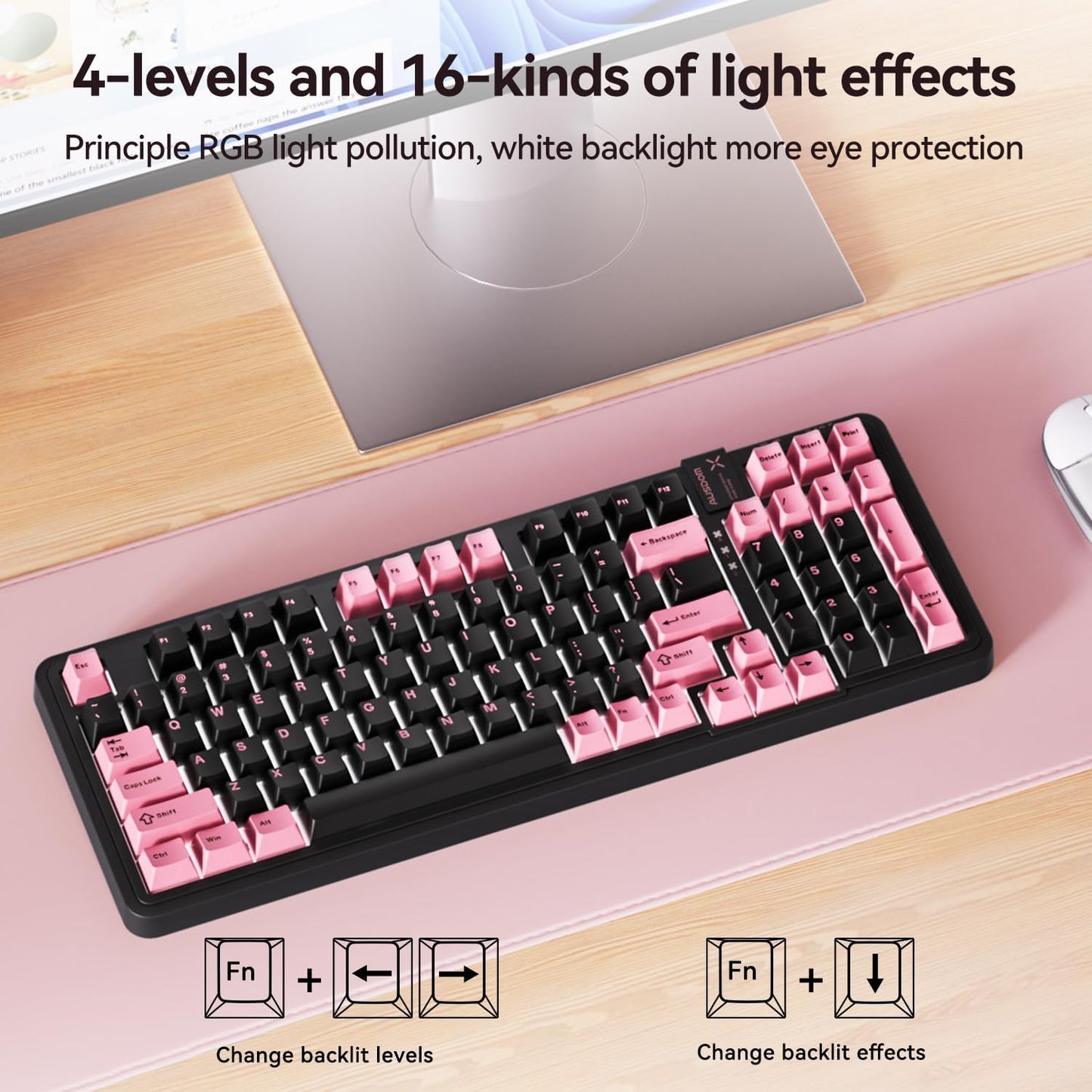 AUSDOM 98Pro Silent Wireless Mechanical Keyboard, Tri-Mode BT/2.4G/USB-C Hot Swappable Custom Quiet Keyboard with Backlit, Gasket Structure, PBT Keycaps, Pre-lubed Tactile Switches(Black Pink 97keys)