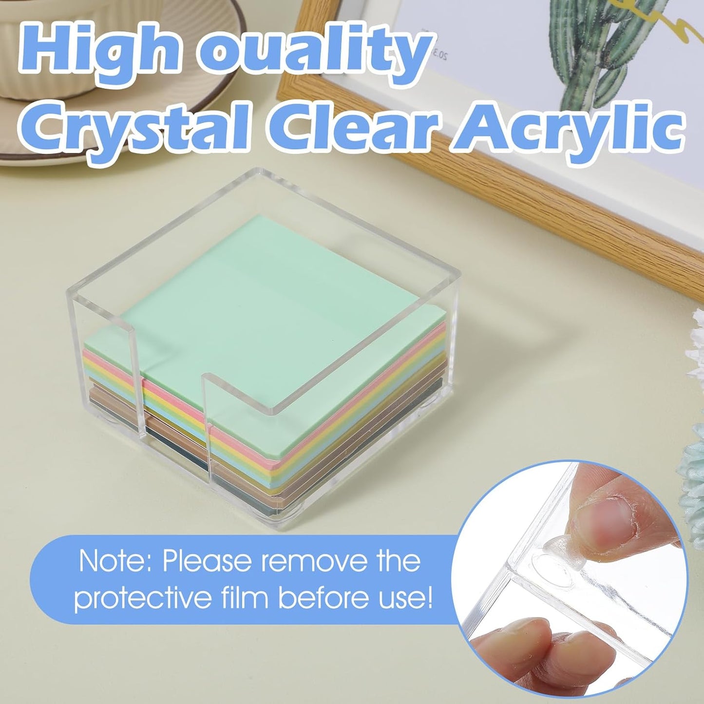 Clear Sticky Note Holder, Sticky Note Dispenser with Non-Slip Pad, Acrylic Desk Accessories, Aesthetic Office Supplies Organizer for Home Office Dorm Room (3.35 × 3.35 × 1.77 Inches)