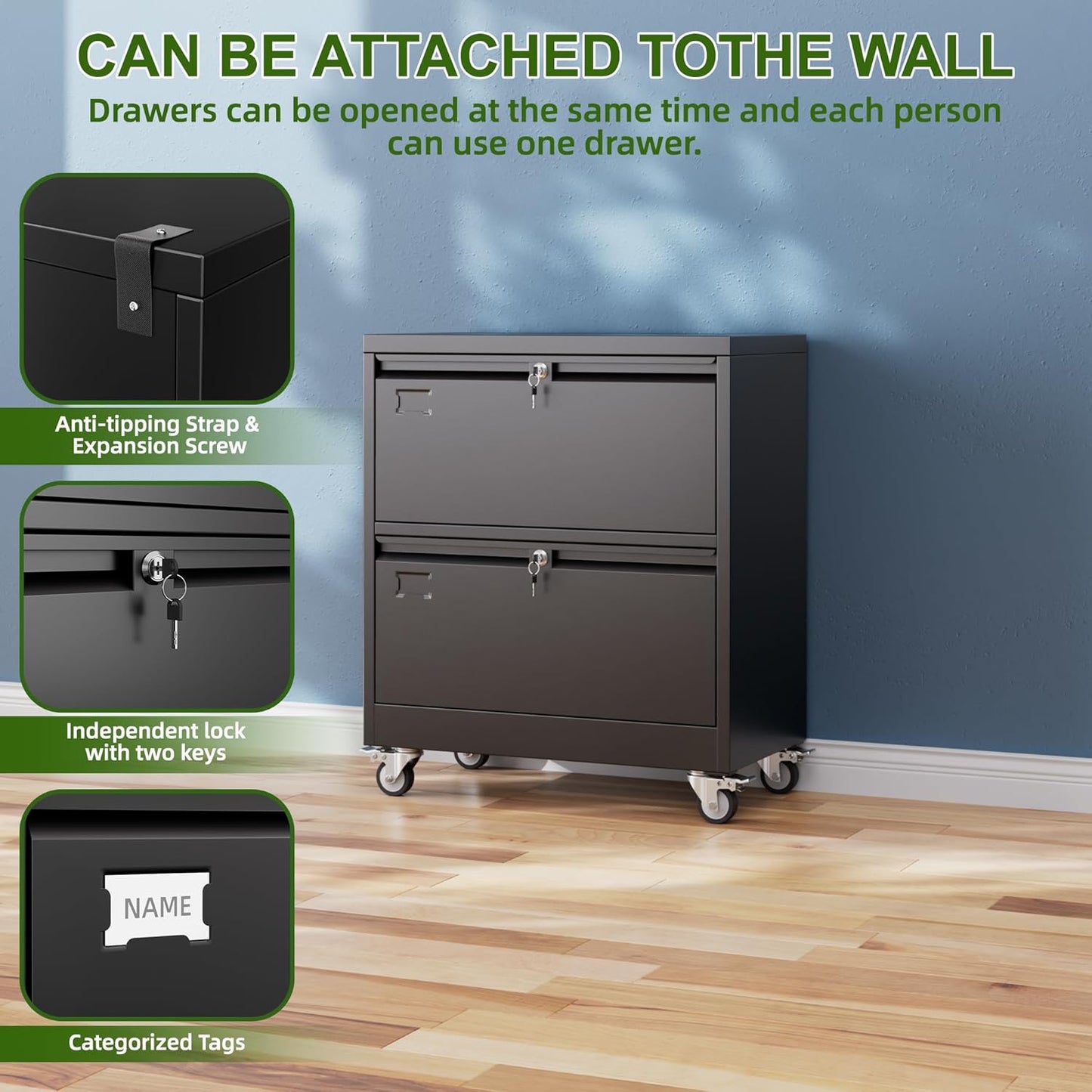 Aobabo 2 Drawer Wide File Cabinet with Wheels, Lockable Metal Filing Cabinet for Home Office, Legal/Letter Size,Black,Required Assembled,15.87" D x 28.94" W x 34" H