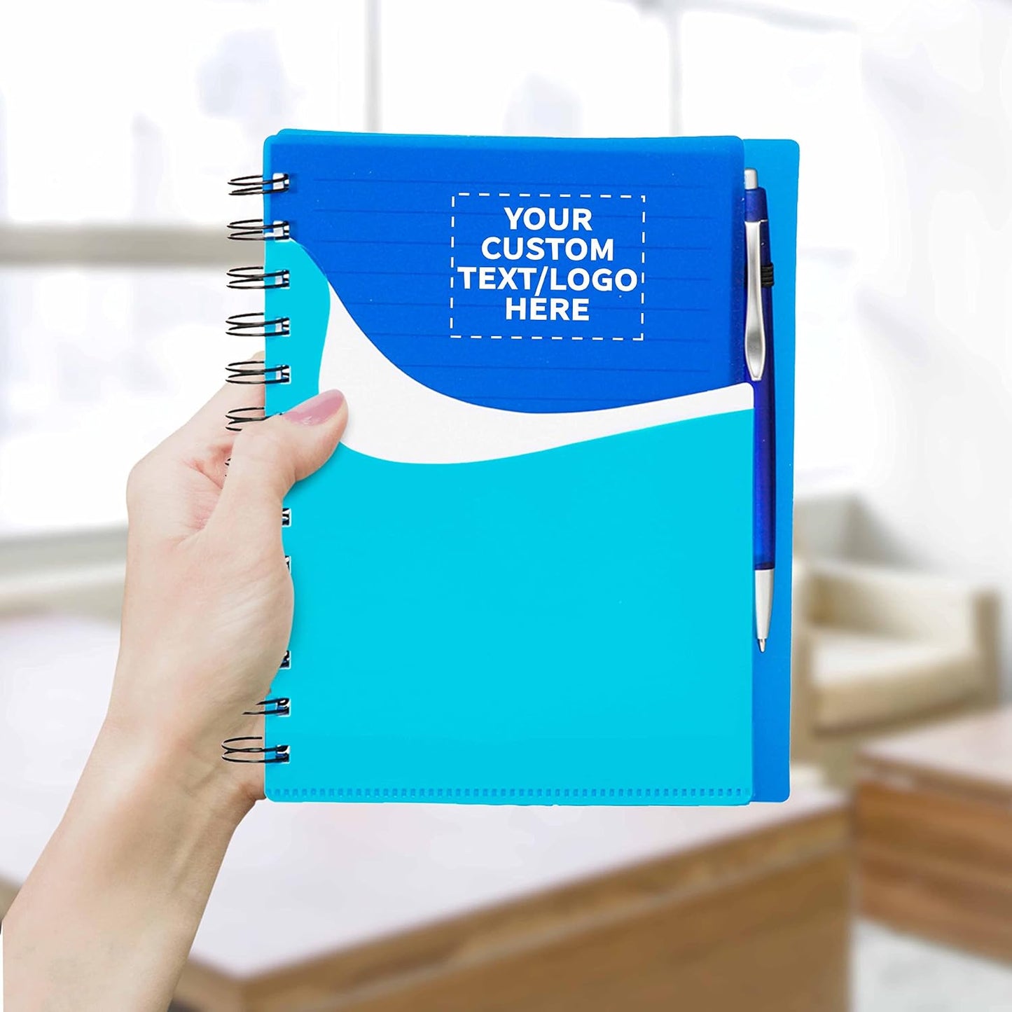 DISCOUNT PROMOS Custom Spiral Notebooks with Front Pocket Set of 10, Personalized Bulk Pack - Durable Plastic Cover, Includes Matching Pen in Blank Ink, Perfect for School, Office, Home - Blue