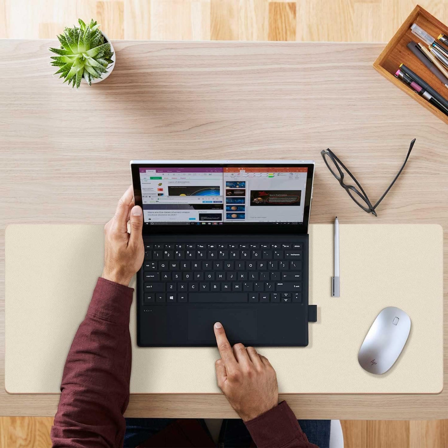 Aothia Double-Sided PU Leather Desk Pad - Non-Slip Large Mouse Pad & Desk Mat for Office, Home - Waterproof, Easy to Clean, Durable Dual-Sided Surface (31.5" x 15.7", Beige)