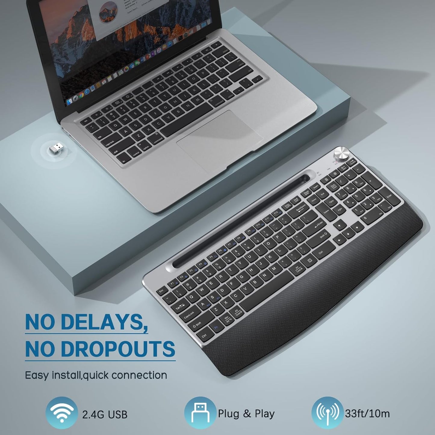 Ergonomic Wireless Keyboard with Wrist Rest-Low-Profile,Phone/Tablet Holder,Quiet Design,Windows & Mac OS,Full Size Cordless USB Computer Keyboard for Desktop,Laptop, PC, Mac, Windows-Black