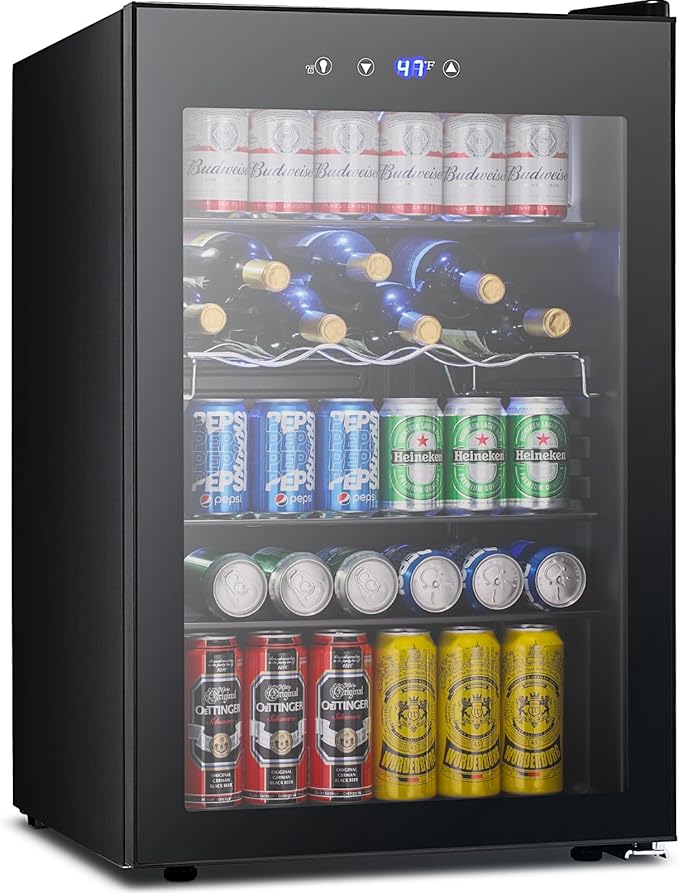 37 Bottle Wine Fridge,Freestanding 145 Can Beverage Refrigerator with Smart Temperature Control,4.5 CU FT Quiet Mini Fridge with Child Lock Panel for Family Restaurant Bar, Black