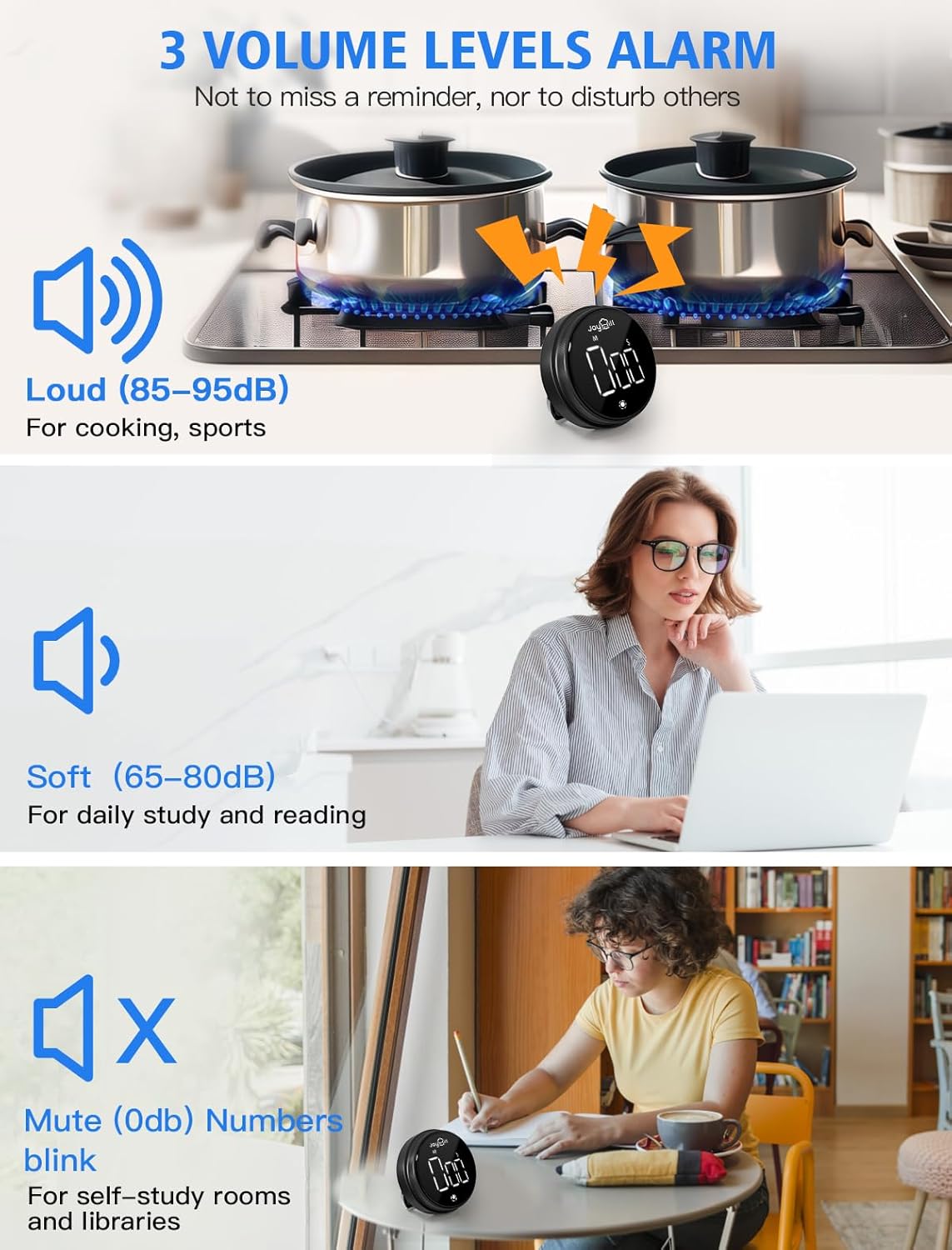 JOYHILL Digital Kitchen Timer, Large LED Display with Magnetic Countdown 3 Volume Levels, Ideal for Cooking Classroom Studying Fitness, Timer for Kids and Seniors Red