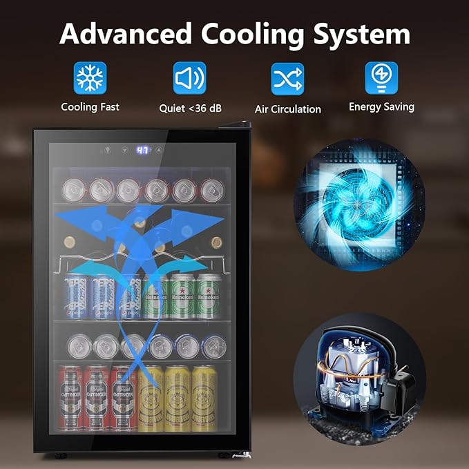 37 Bottle Wine Fridge,Freestanding 145 Can Beverage Refrigerator with Smart Temperature Control,4.5 CU FT Quiet Mini Fridge with Child Lock Panel for Family Restaurant Bar, Black