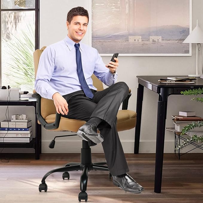 CLATINA Brown Office Computer Chair PU Leather Executive Swivel Adjustable Height Chairs with Upholstery Fixed armrest Mid-Back Leather Thick Cushion Office Chair Brown 8Pack