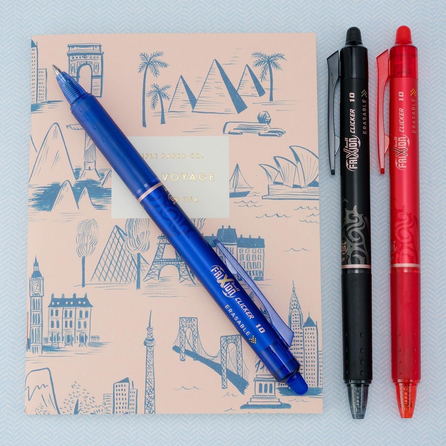 FriXion Clicker Retractable Erasable Gel Pen, Black/Blue/Red Bold Point, 6-pk; Bundle with Plastic Reusable Pouch