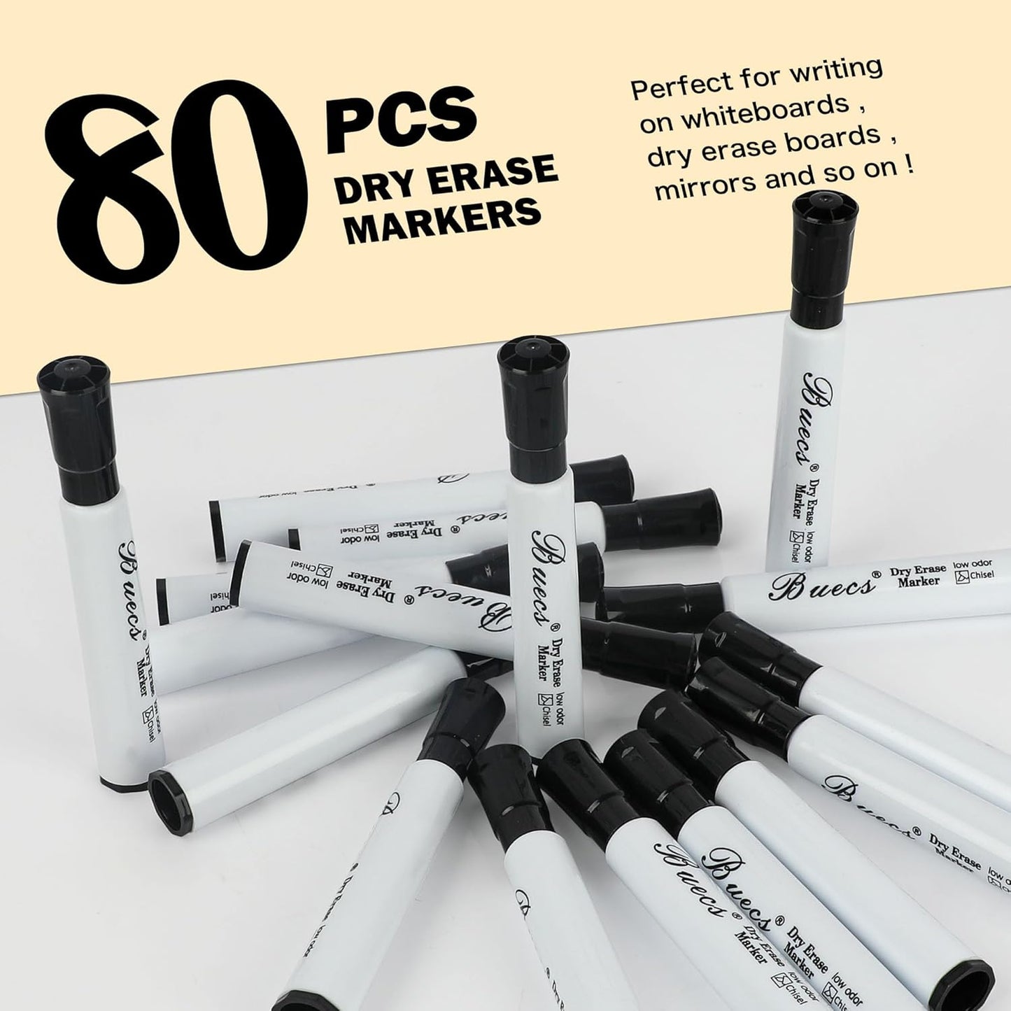 Black Dry Erase Markers, Low-Odor, 80 Count, Chisel tip, Perfect for Writing on Whiteboards, Dry-Erase Boards, Glass, School Office Supplies