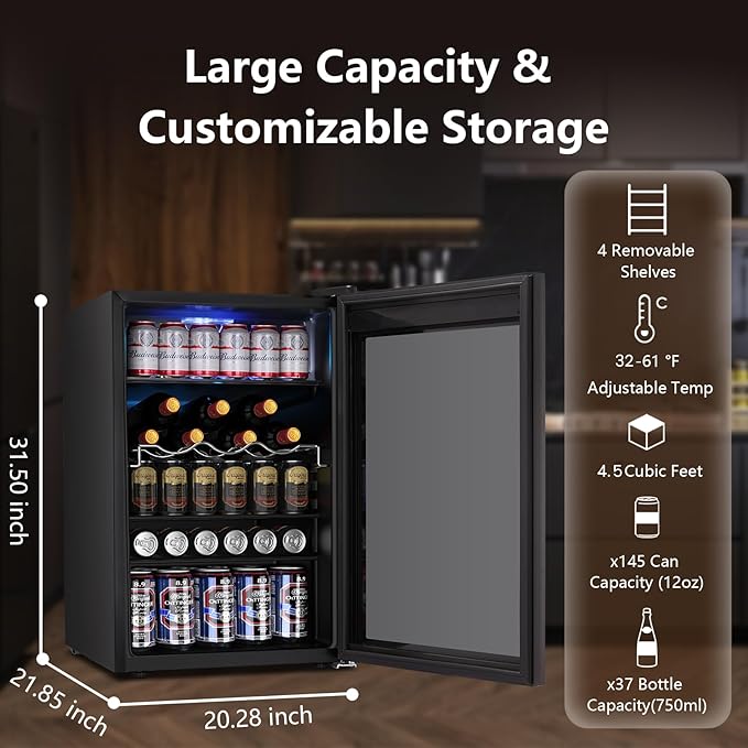 37 Bottle Wine Fridge,Freestanding 145 Can Beverage Refrigerator with Smart Temperature Control,4.5 CU FT Quiet Mini Fridge with Child Lock Panel for Family Restaurant Bar, Black