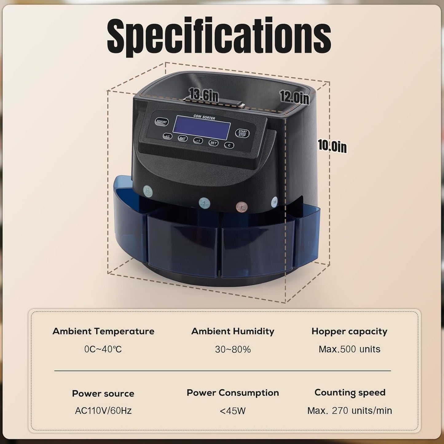 Coin Counter 300-Coin Capacity, USD Coin Sorter and Wrapper Machine Sort 270 Units/Min, Automatic Change Counter with LCD Display for 1¢ 5¢ 10¢ 25¢ $1, Included 5 Coin Bins & 5 Tubes & 5 Wrappers