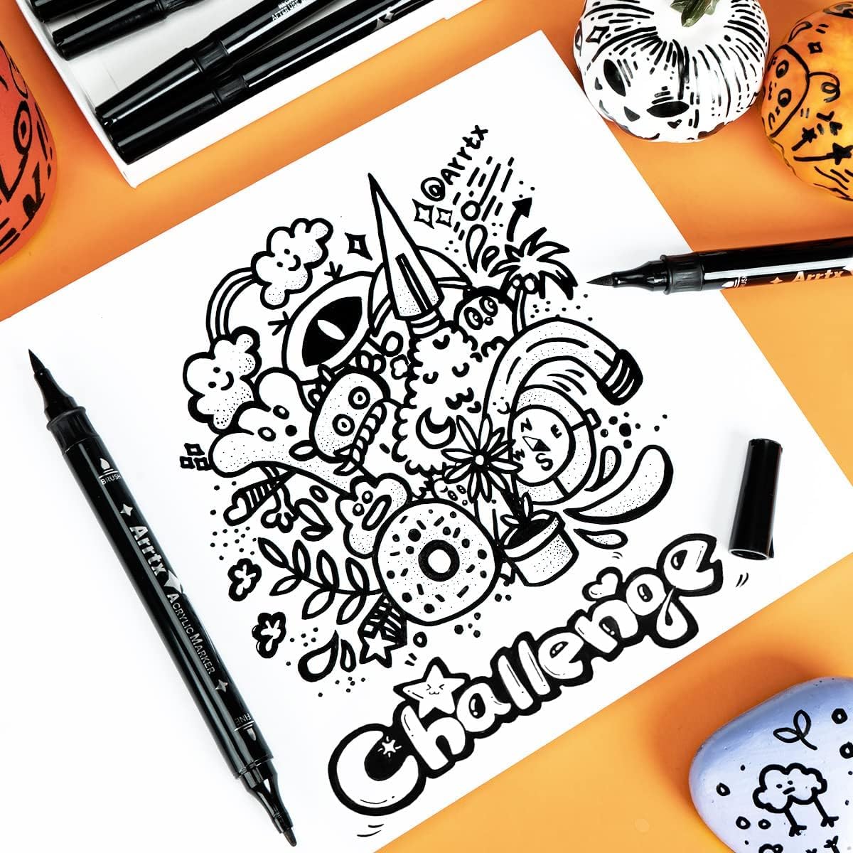 Arrtx Black Acrylic Paint Pens - 8 Pack Brush Tip and Fine Tip (Dual Tip) Black Paint Markers for Rock Painting, Water Based Acrylic Painting Supplies for Drawing, Wood, Canvas, Easter Egg