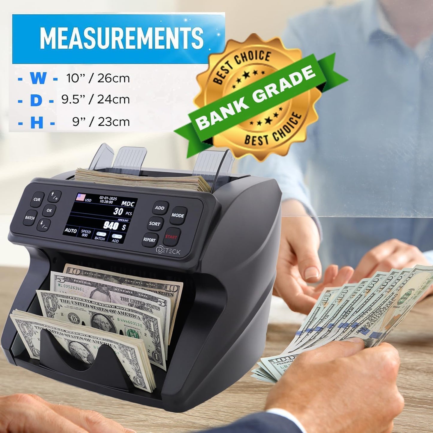 DETECK DT600 Bank Grade Money Counter Machine Mixed Denomination, Value Counting, Multi Currency, Bill Cash Counter 2CIS/UV/IR/MG/MT Counterfeit Detection, Serial Number, Printer Enabled