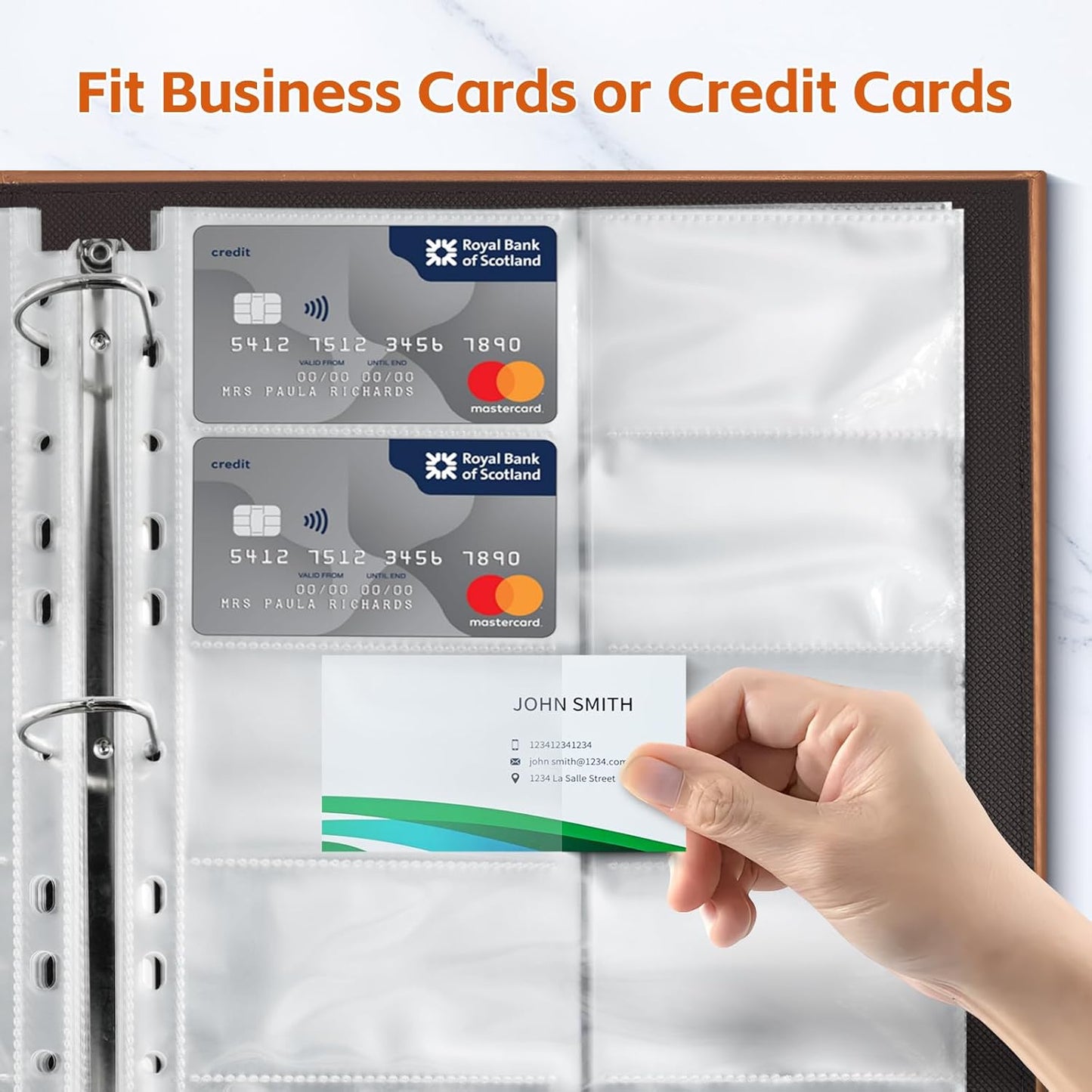 BYSTER A4 Business Card Holder Organizer, PU Leather Card Binder with 30 Pack Sleeves (600 Pockets), Card Holder Book for Credit Cards, Membership Cards, and More - Brown