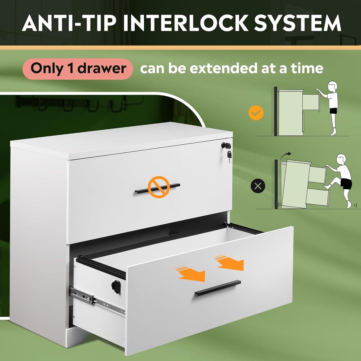 DEVAISE 2-Drawer Wood Lateral File Cabinet with Lock for Home Office, White