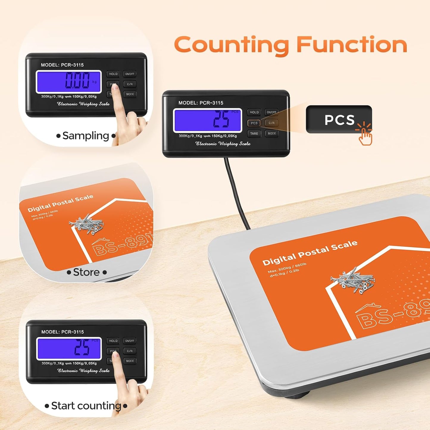 Bonvoisin Postal Scale Digital 300kg/ 660lb Parcel Shipping Scale kg/oz/lb Switchable, Heavy Duty Package Scale for Weighing Boxes/Luggage with Stainless Steel Platform 4 AA Batteries & Power Adapter