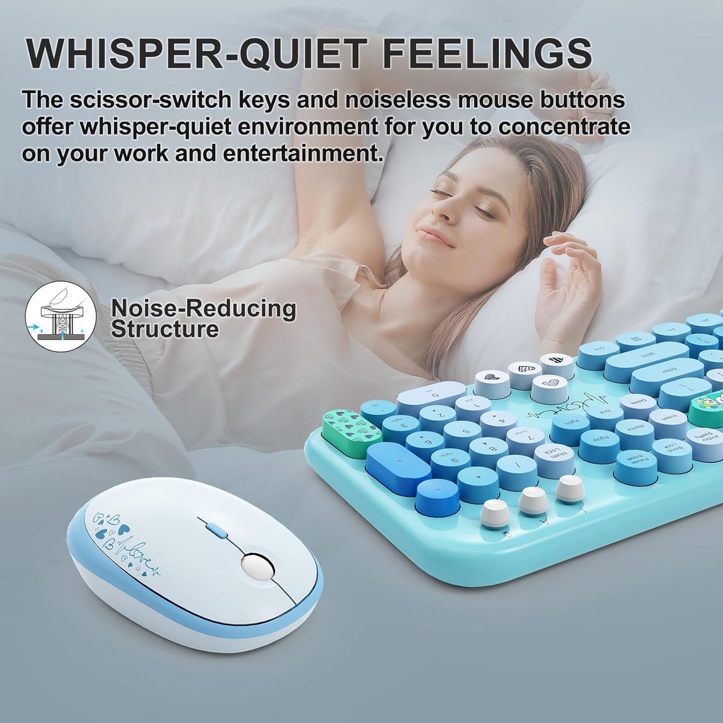 FOPETT Wireless Keyboard and Mouse Combo - 2.4G Full-Sized Cute Colorful Retro Keyboard with Round Keycaps 104 Keys Typewriter Keyboard for Laptop/Windows/PC-Blue Colorful