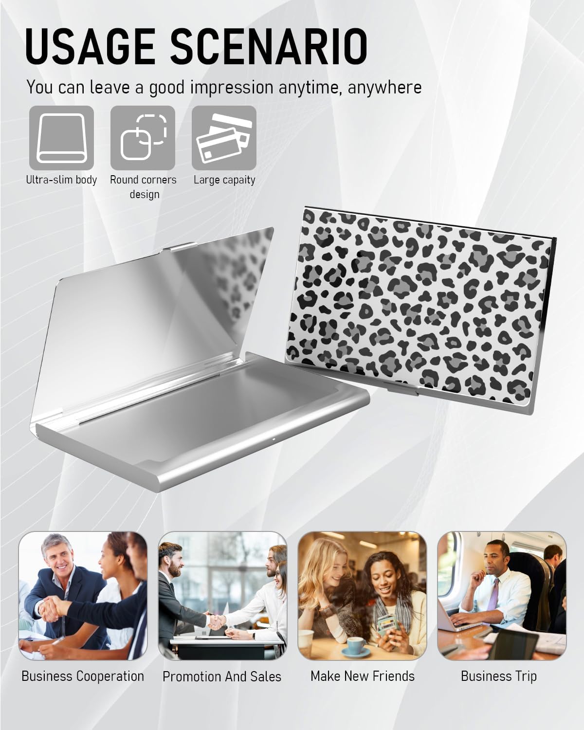 Business Card Metal Slim Organizer, Professional Stainless Steel Square Pocket Wallet for Office Workers, Compact and Portable for Pockets (Snow Leopard