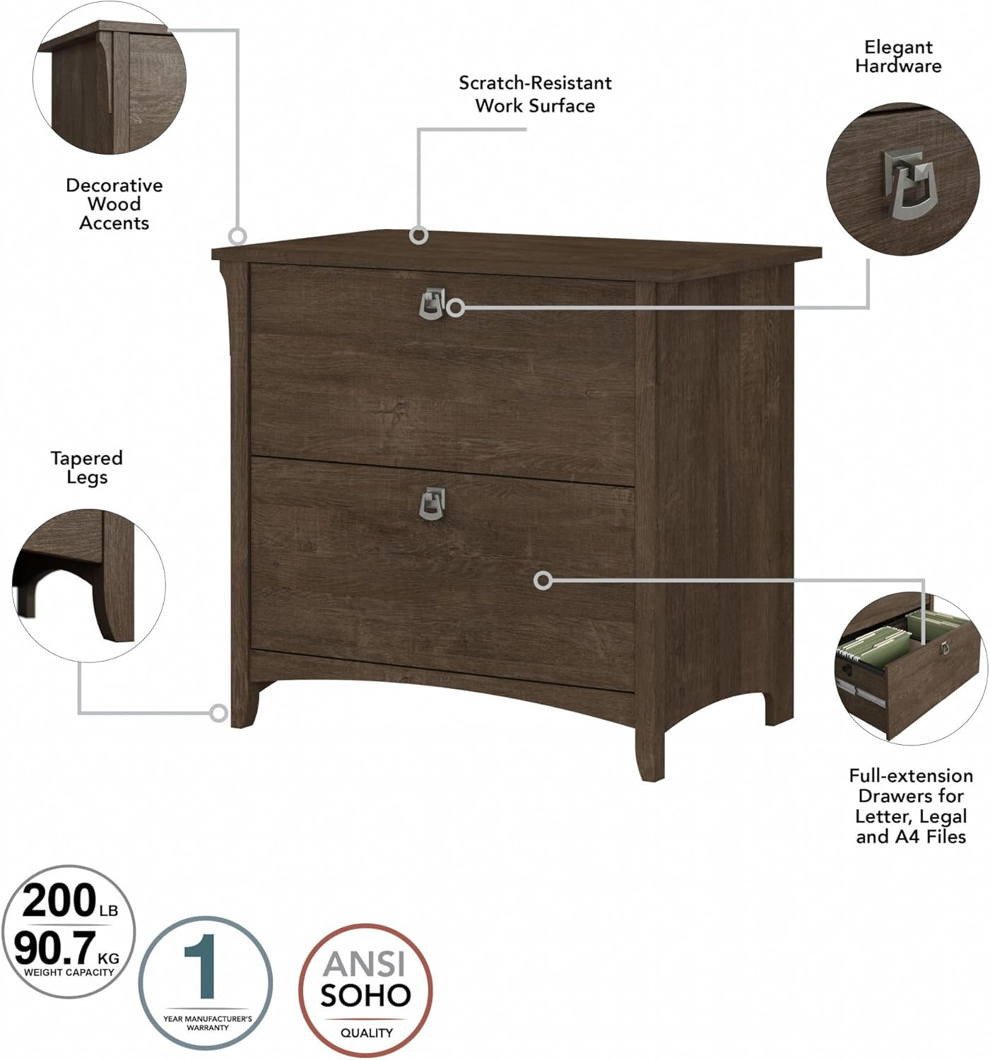 Bush Furniture Salinas 2 Drawer Lateral File Cabinet in Ash Brown