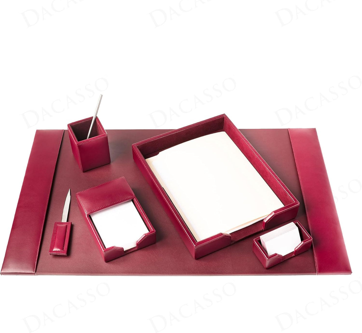 Dacasso Burgundy Bonded Leather Luxury 6-Piece Desk Accessory Set - Blotter Pad & Desk Organization Essentials - Executive Decor and Surface Protector