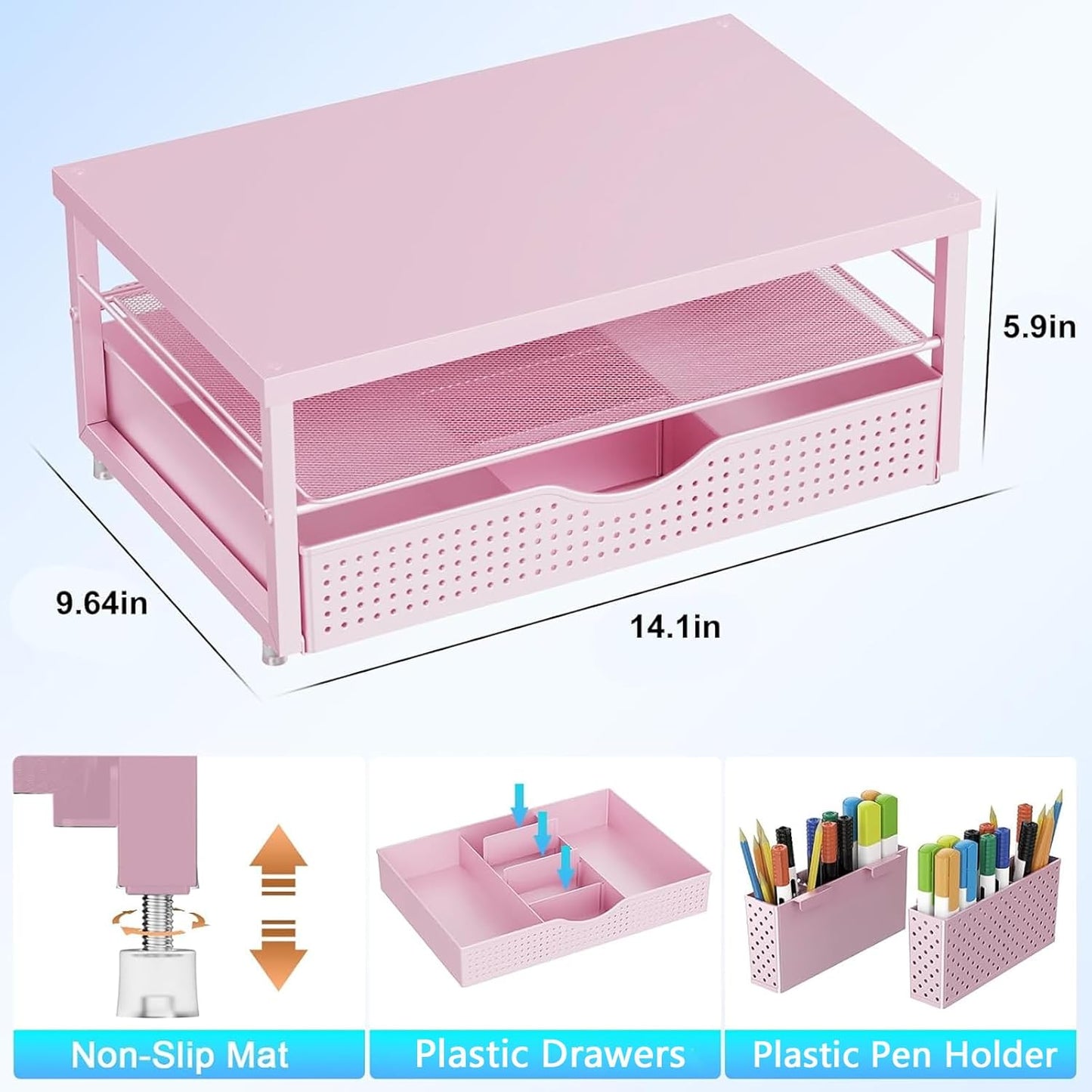 gianotter Wood Monitor Stand Riser, Desk Organizer with Drawer and 2 Pen Holders, 2-Tier Workspace Organizer for Office Supplies(Pink Wood)