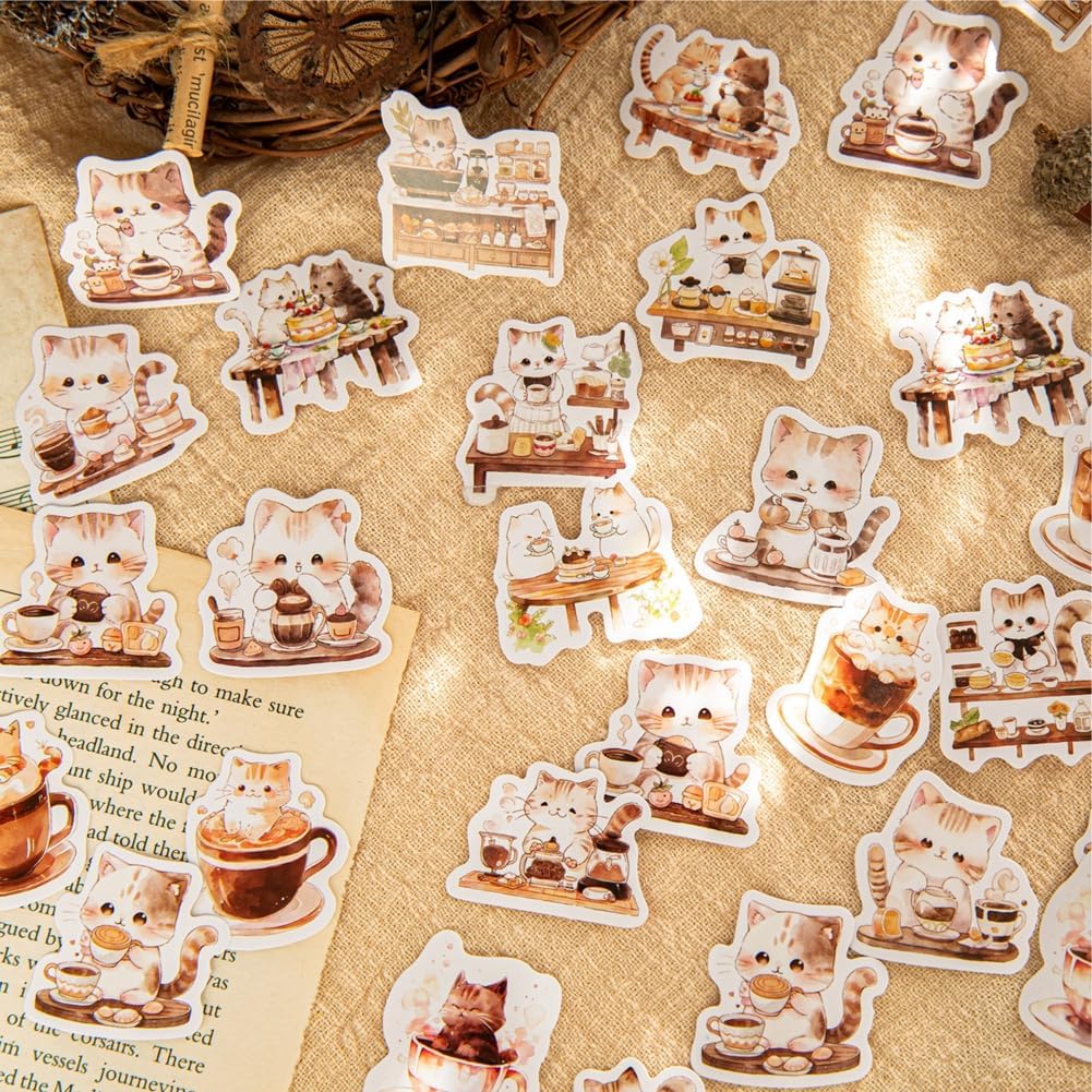46 Pcs Small Coffee Cat Stickers for Scrapbooking Diary Laptop Junk Journal Notebook Kids Envelope Card Making Diary Planner Craft DIY Craft Decoration, 23 Patterns