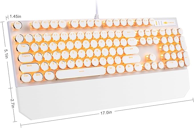 Typewriter Style Mechanical Keyboard, Retro Punk Gaming Keyboard with Gold LED Backlit, Cute Wired Keyboards,104 Keys Full Size Keyboards, Uique Round Keycaps for Windows/Mac/PC(White&Gold)