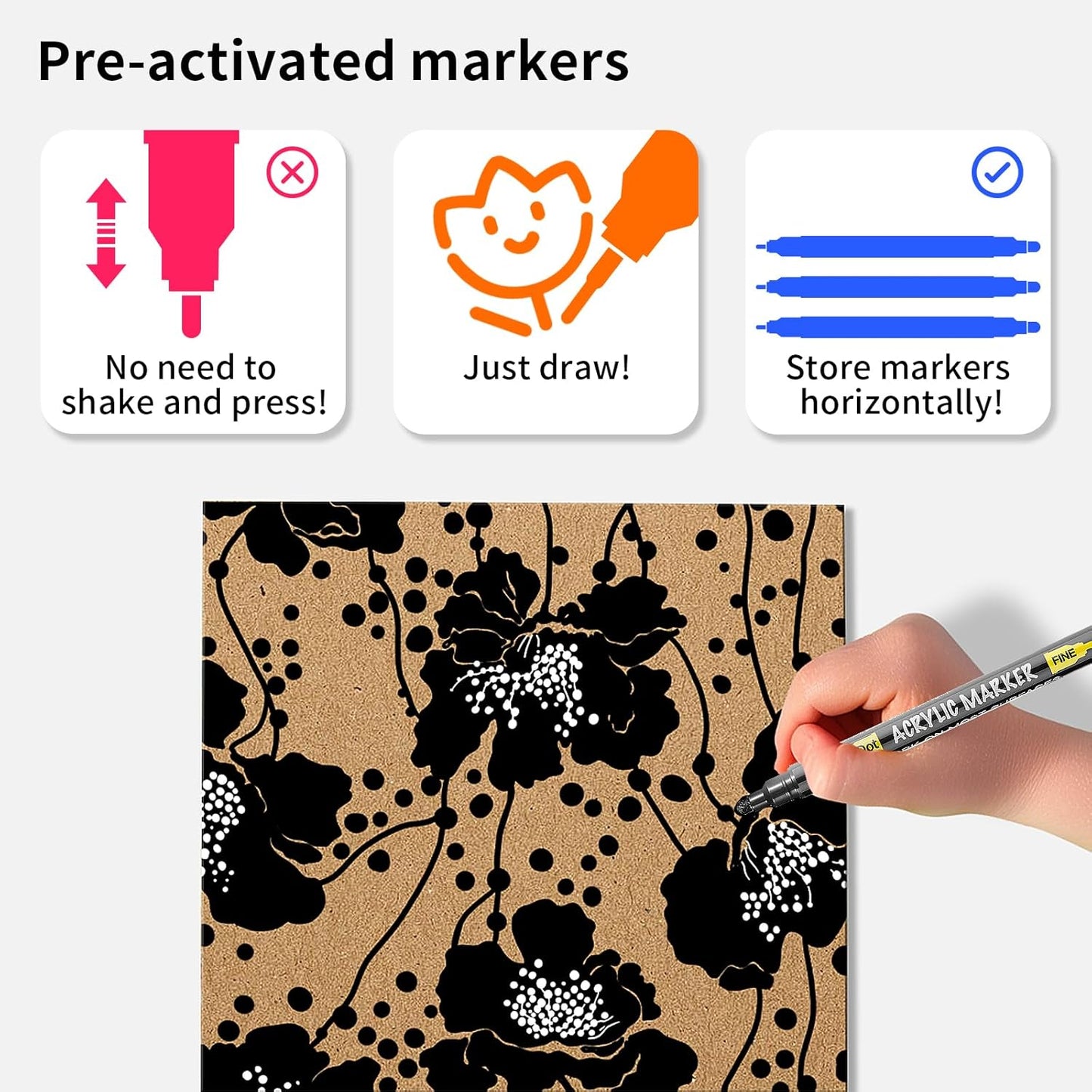 6 White and Black Acrylic Paint Pens Markers, Dual Tip (Fine 1mm + Dot 5mm), Acrylic Permanent Marker for Rock Painting Fabric Canvas Glass Wood Leather Ceramic Paper DIY, Ideal for Kids and Adults