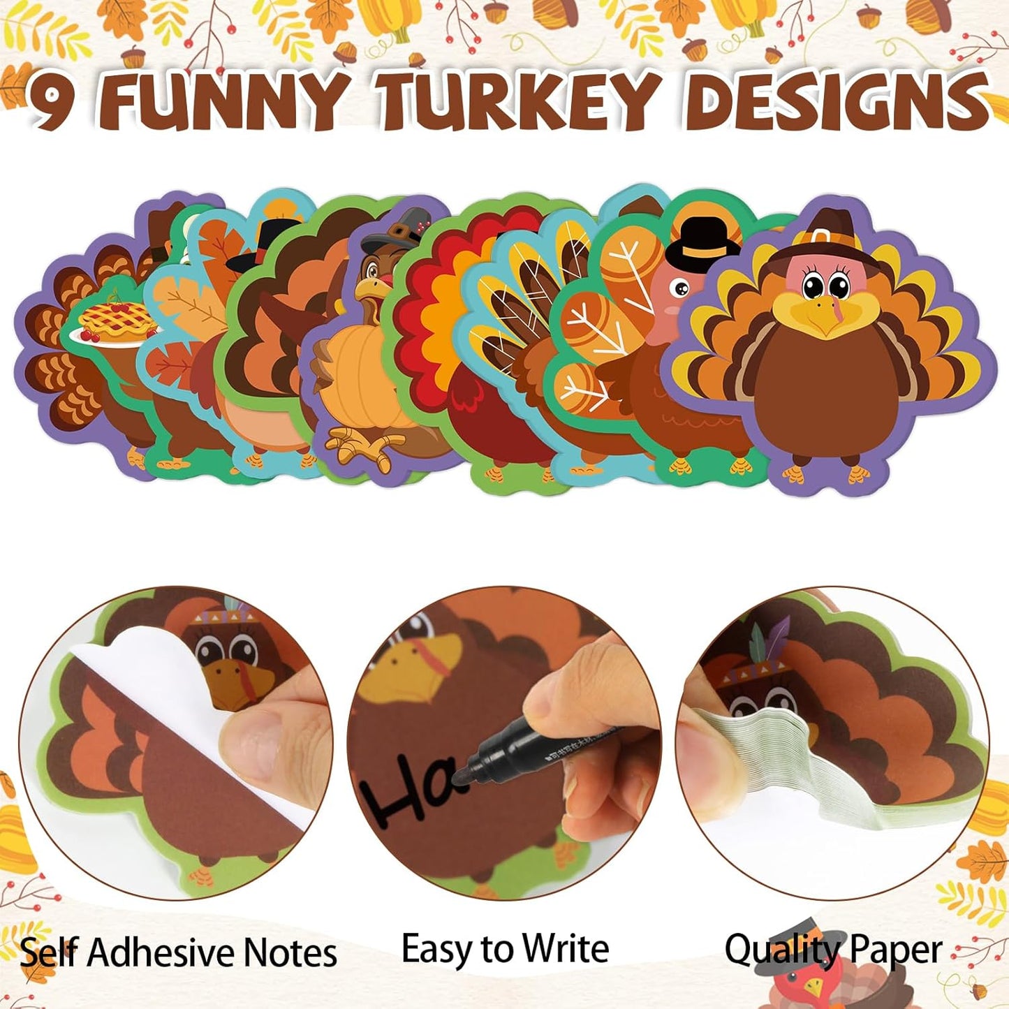 600 Sheets Thanksgiving Turkey Sticky Notes, Self-Adhesive Thanksgiving Notepads Turkey Self Sticky Memo Pads for Fall Harvest Party Favors School Office Supplies
