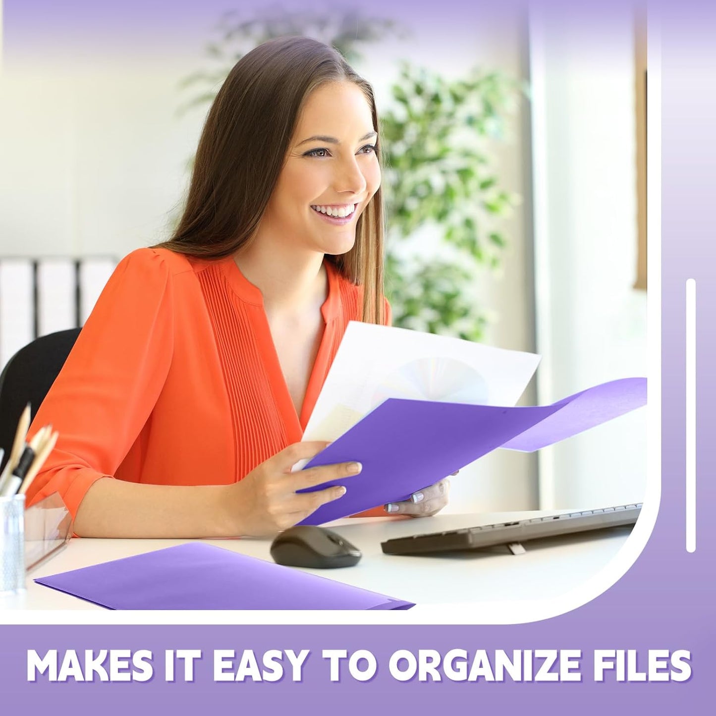 Gueevin 300 Pcs Plastic Folders with Pockets, Two Pocket Folder Fit 8.5 x 11 Inch Letter Size Paper, Heavy Duty School Folders Business Card Holder for Home Office School Bussiness (Purple)