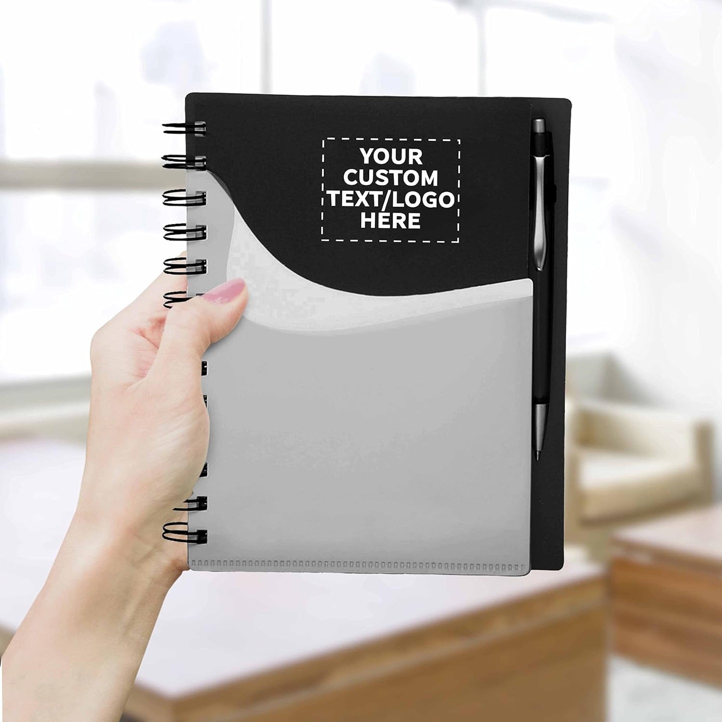 DISCOUNT PROMOS Custom Spiral Notebooks with Front Pocket Set of 100, Personalized Bulk Pack - Durable Plastic Cover, Includes Matching Pen in Blank Ink, Perfect for School, Office, Home - Black