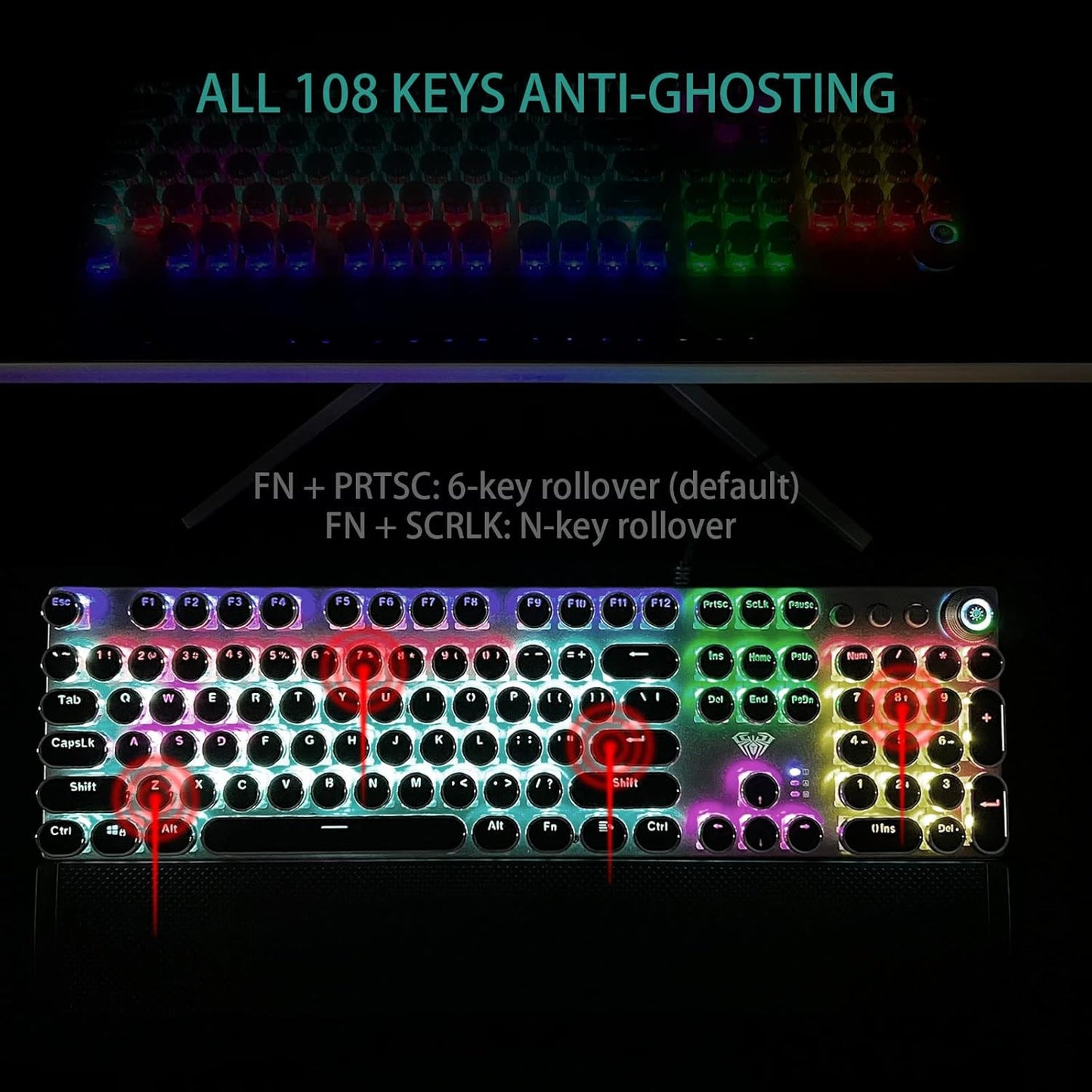 AULA F2088 Typewriter Style Mechanical Gaming Keyboard Blue Switches,Rainbow LED Backlit,Removable Wrist Rest,Media Control Knob,Retro Punk Round Keycaps,USB Wired Computer Keyboard