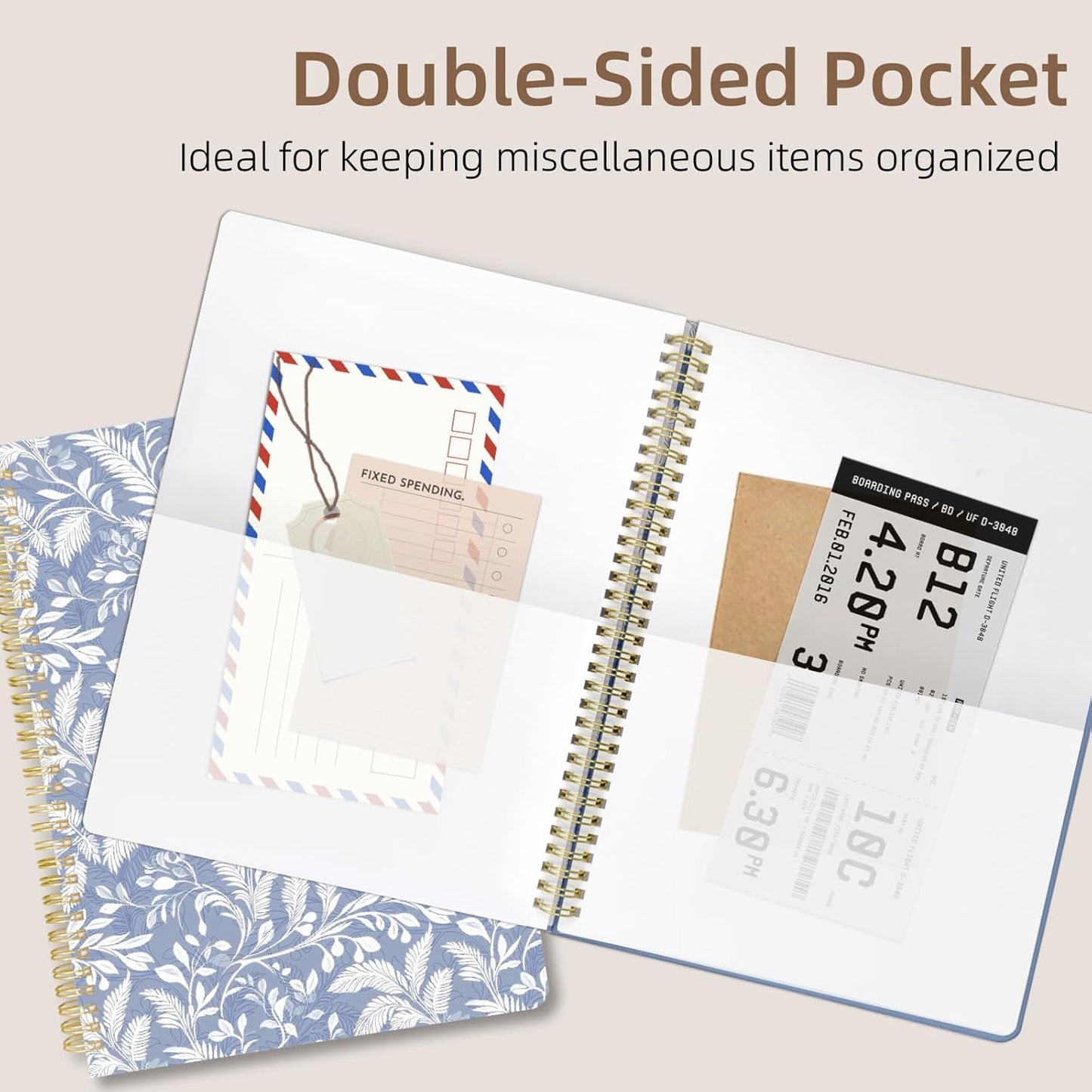 Cute Spiral Notebook journal A4 Aesthetic Pretty Design for Women Girls Kawaii with Pocket, 8.5 x 11 inch, Lined, Blue Leaves