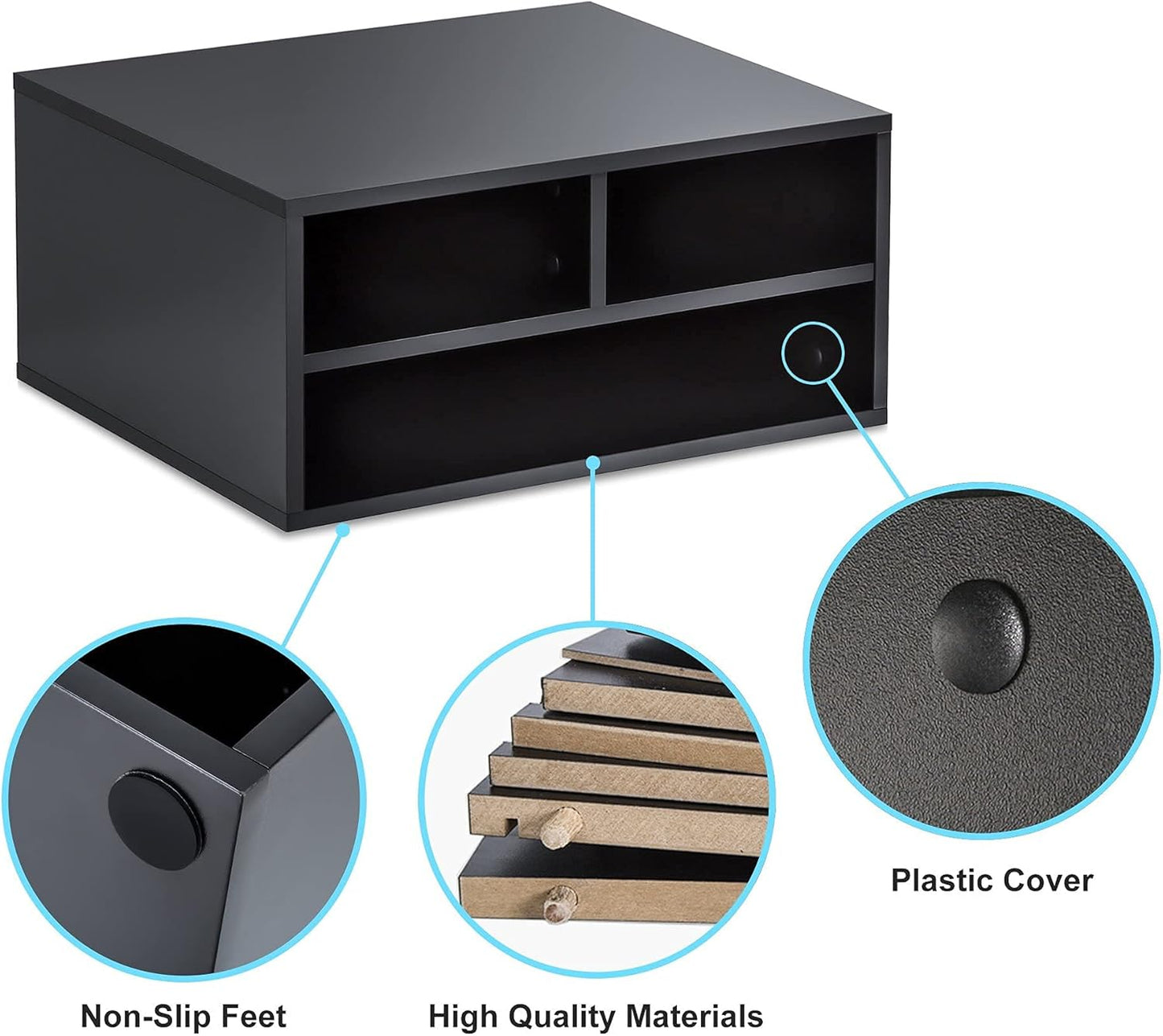 FITUEYES Large Printer Stands with 3 Storage Compartments, Desktop Paper Organizer Shelf for Home Office, 2-Tier Printer Riser, Black, 18.9" L x 15.7" W x 8.7" H