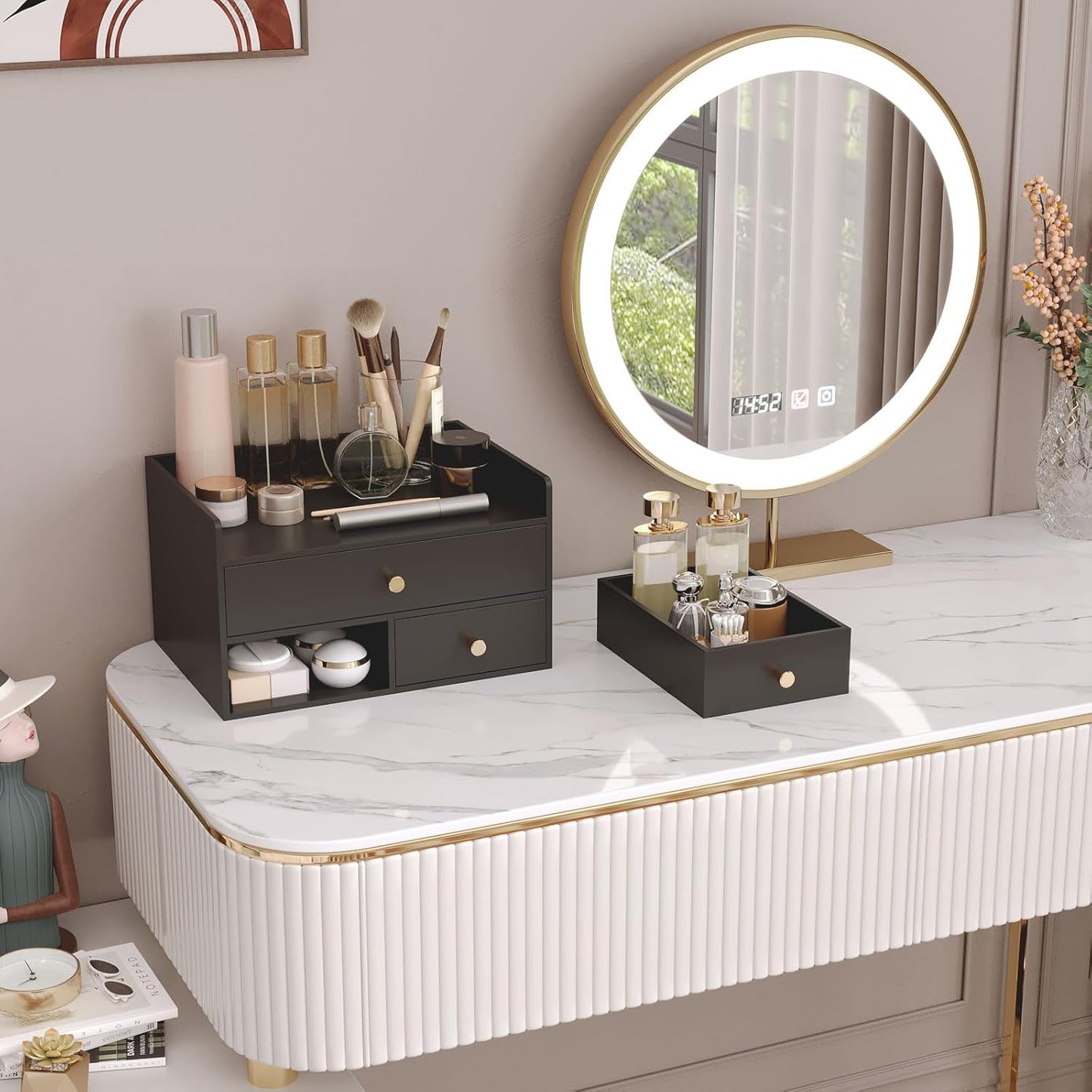 Bamboo Desk Organizer with Drawers Wooden Desktop Storage Organization Box for Bills Office Supplies Kitchen Utensils Organizing Tool for Home Classroom Vanity, No Assembly Required (3 Drawers, Black)