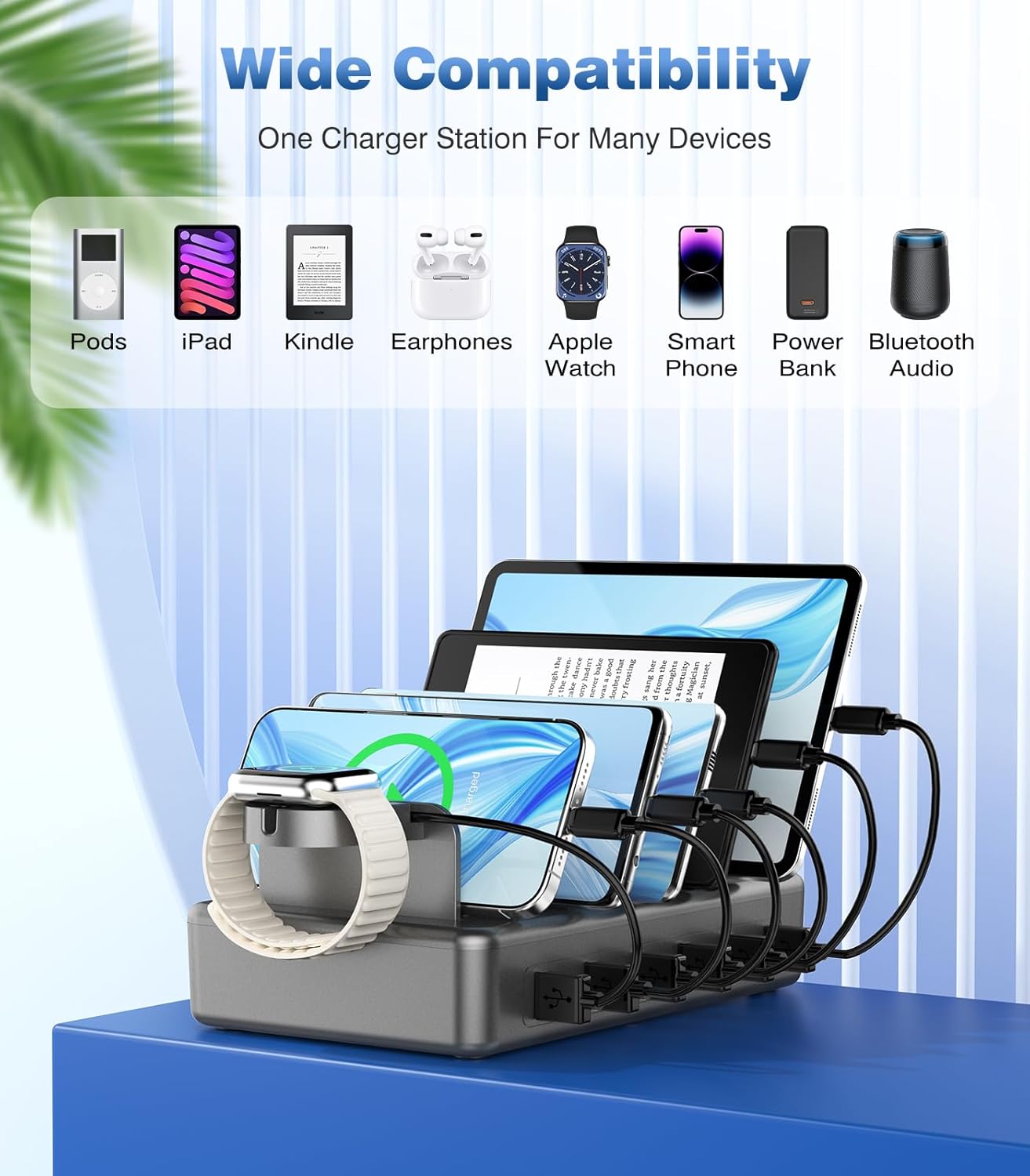 CREATIVE DESIGN 50W Fast Charging Station, 6 Port Apple Charging Station for Multiple Devices Compatible with iPhone,iPad, Tablet,Kindle ect,with 6 Short Cables and Apple Watch Holder(Space Gray)