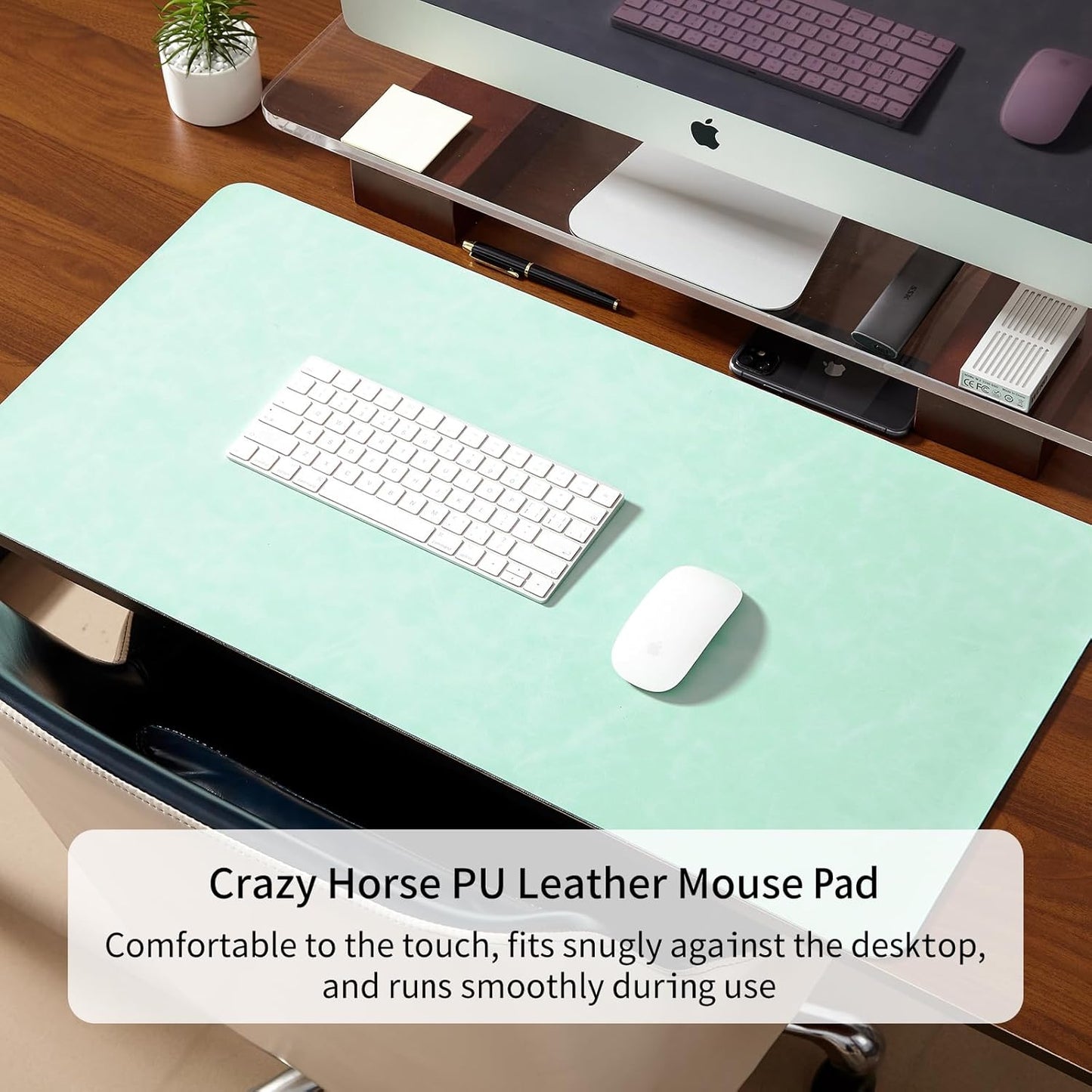 Crazy Horse Leather Desk Mat Large Mouse Pad Laptop Computer Desk Pad Waterproof Non-Slip Table Blotter Desktop Keyboard Writing Pad for Office and Home (Light Green, 120x43cm)