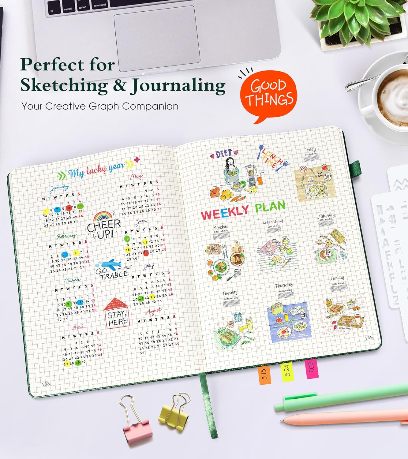 Graph Paper Notebook Journal, 360 Numbered Pages Grid Notebooks, Thick 100gsm Graphing Paper Journals for Writing Women Men, A5 Large Hardcover Leather Graph Notebook 5.75'' × 8.38'' Green