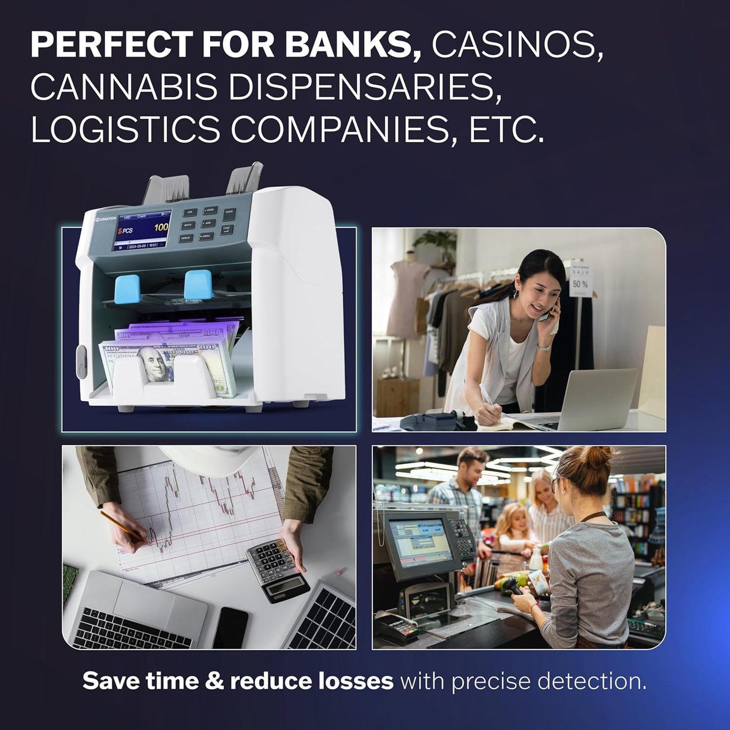 CARNATION CR1450 Multi-Currency Bill Counter and Sorter with Counterfeit Detection - Money Counter Machine with MG, IR, MT, UV & CIS Image Recognition