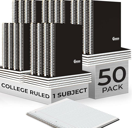 1 Subject Spiral Notebook, 50 Pack, College Ruled, Water Resistant Cover, Thick 140 Pages (70 Sheets), 8 x 10-1/2, 3 Hole Punched, Bulk School & Office, Black Cover