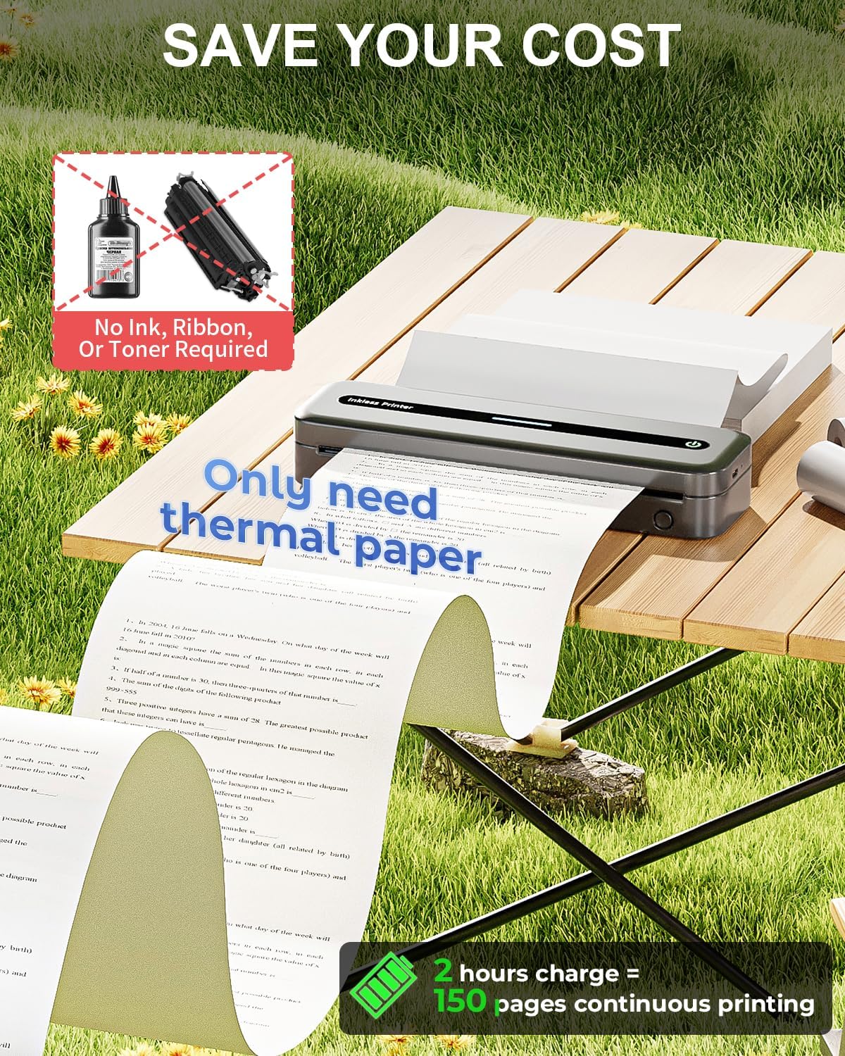 COLORWING Portable Printers Wireless for Travel, 300DPI Mini Compact Inkless Printer, Thermal Bluetooth Printer Compatible with Android and iOS Smartphone & Tablet & Laptop - Gray