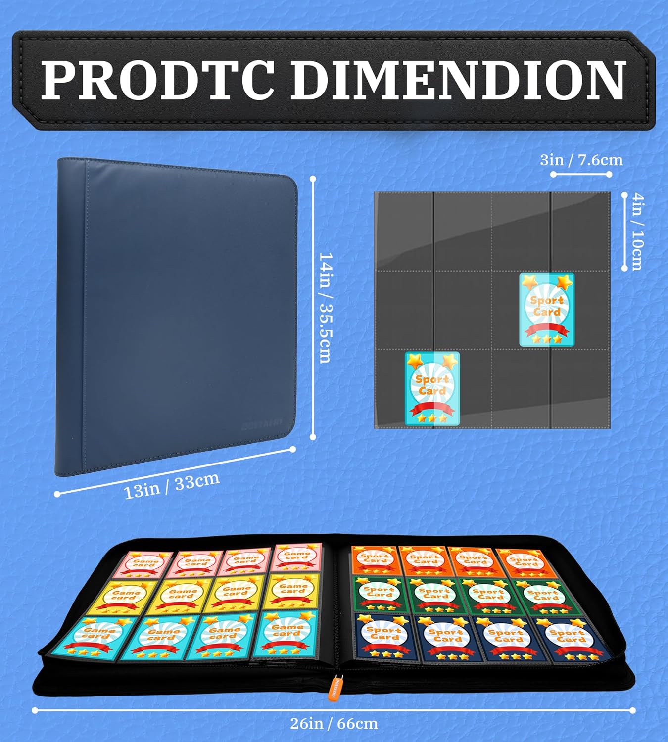 12 Pocket Card Binder, 864 Pockets Side Loading Trading Card Collection Binder, Zipper Ringless Card Holder Album for TCG, Sports, Game Business Cards, Blue