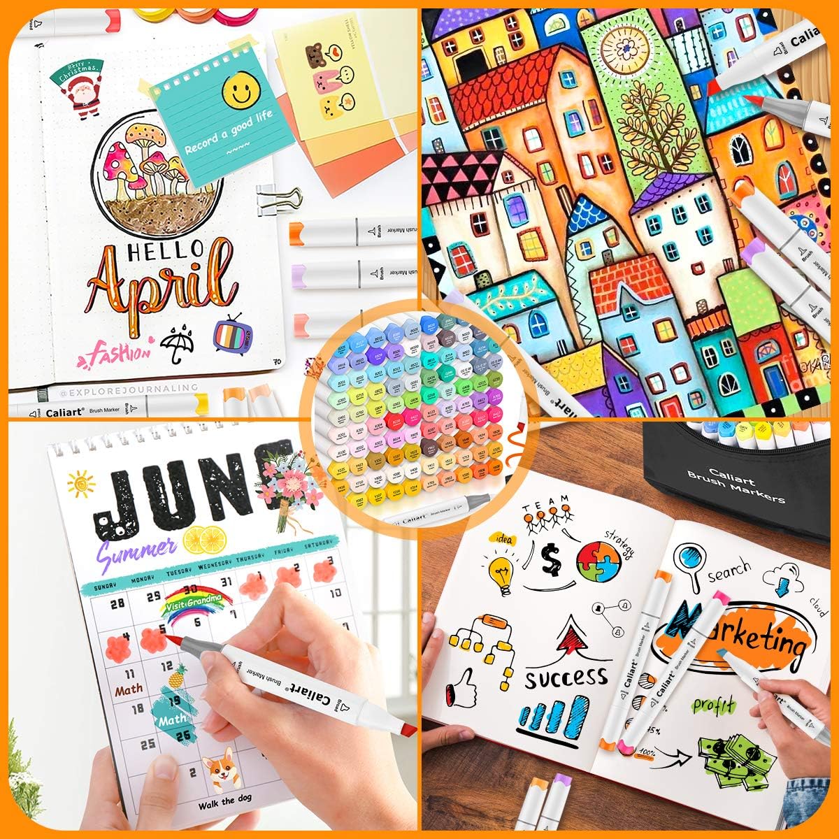 Caliart Alcohol Markers Brush Tip, 121 Colors Dual Tip Coloring Marker Pen Set Brush & Fine, Art Supplies Kit Gift for Adults Coloring Book Artists Sketch Drawing Illustration