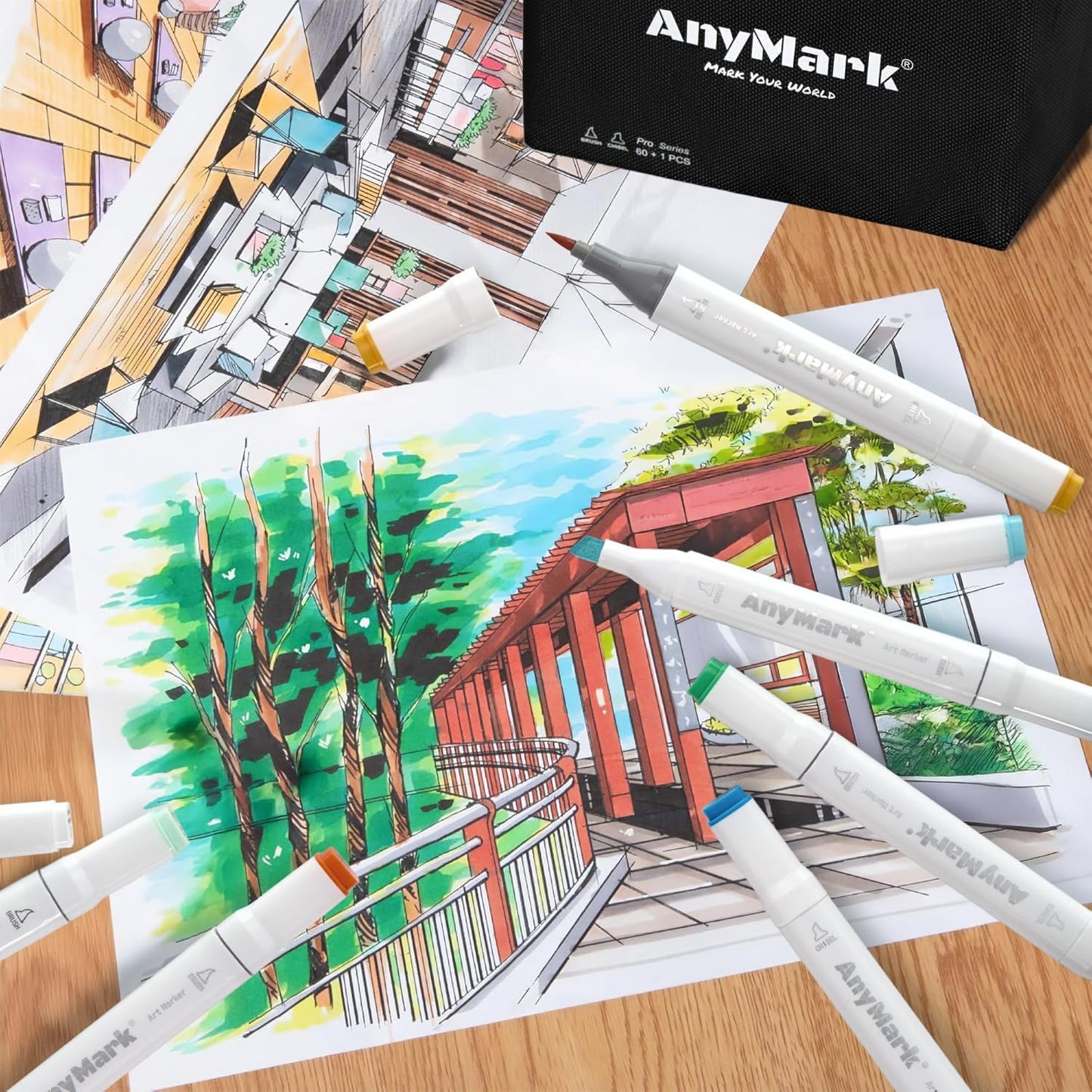 AnyMark Alcohol Markers Brush Tip, 60+1 Colors Dual Tip Brush & Chisel Alcohol-Based Art Markers Set with Case for Adult Artists Drawing Coloring