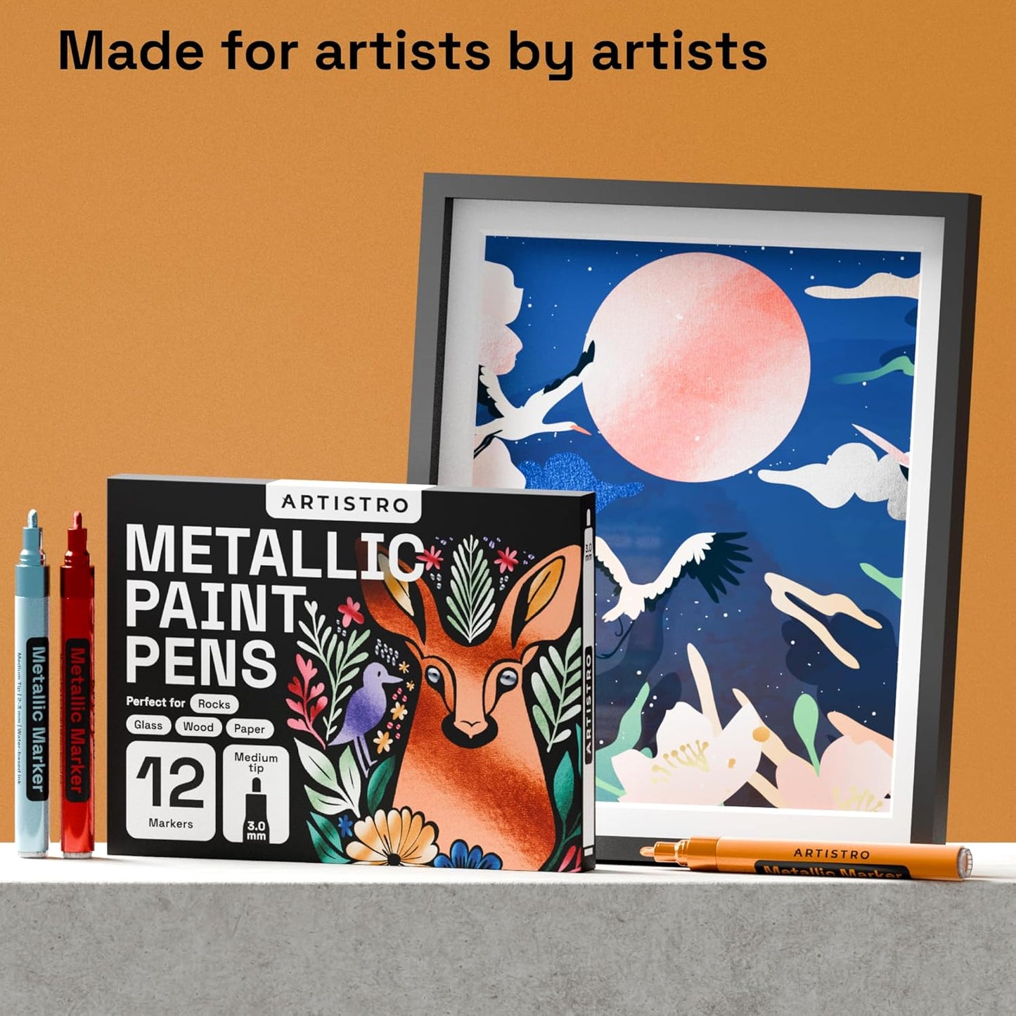 ARTISTRO 12 Metallic Paint Pens for Glass, Rock Painting, Ceramic, Wood, Fabric, Pebbles, Scrapbook Journals, Photo Albums, Card Stocks - Acrylic Paint Markers Medium Tip 3.0mm