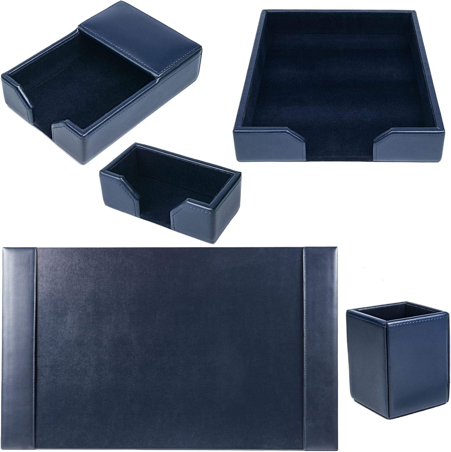 DACASSO Bonded Leather Desk Set - Luxury Leather Desk Pad & Desk Organization Essentials (Navy Blue, 5 Piece)
