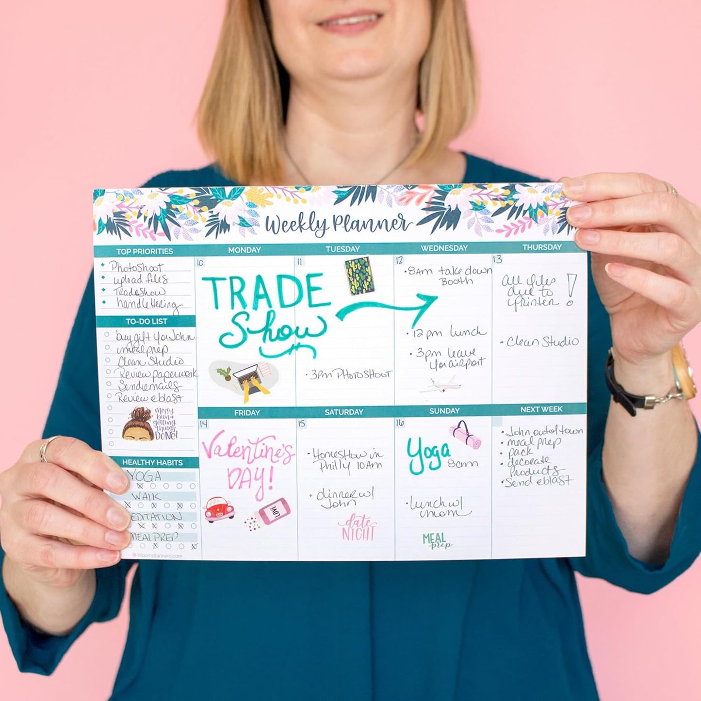 bloom daily planners Horizontal Weekly Tear-Off To Do List Planning Pad - Undated Notepad Organizer & Healthy Habit Tracker - 8.5β x 11β - Floral